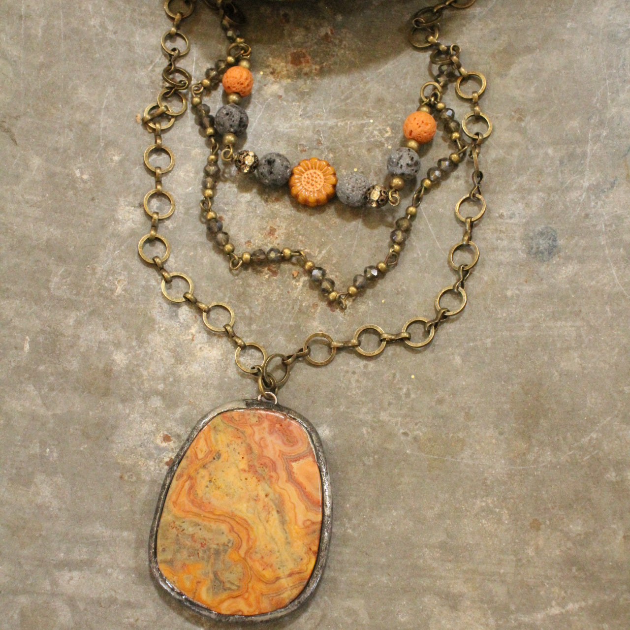 Vintage Rusty Stone Drop & Czech Glass Layered Pendant Necklace