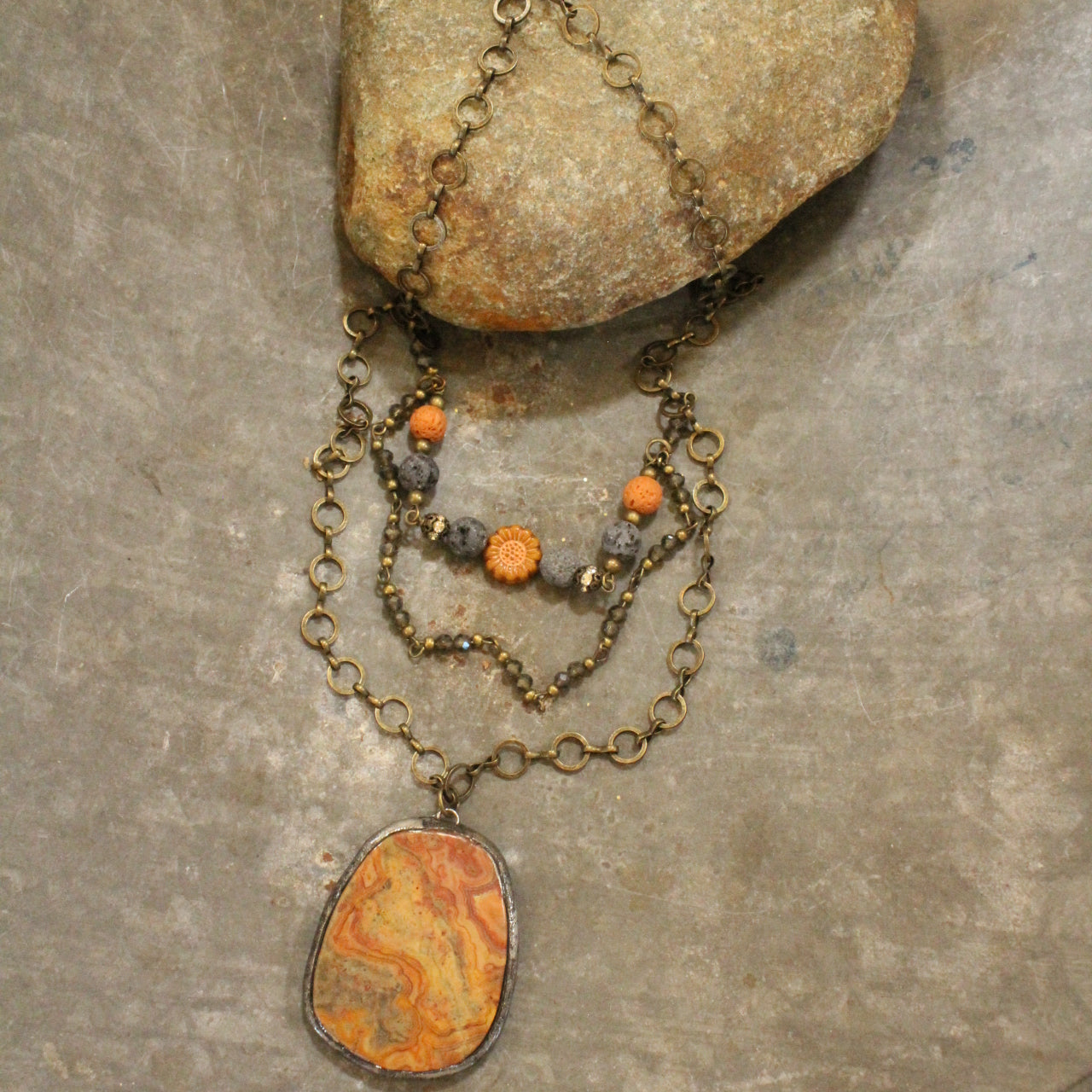 Vintage Rusty Stone Drop & Czech Glass Layered Pendant Necklace