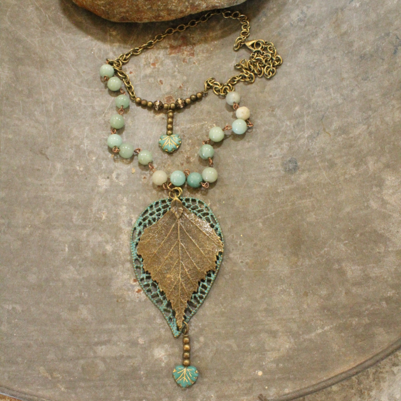 Bronze, Patina, & Czech Glass Leaves Layered Pendant Necklace