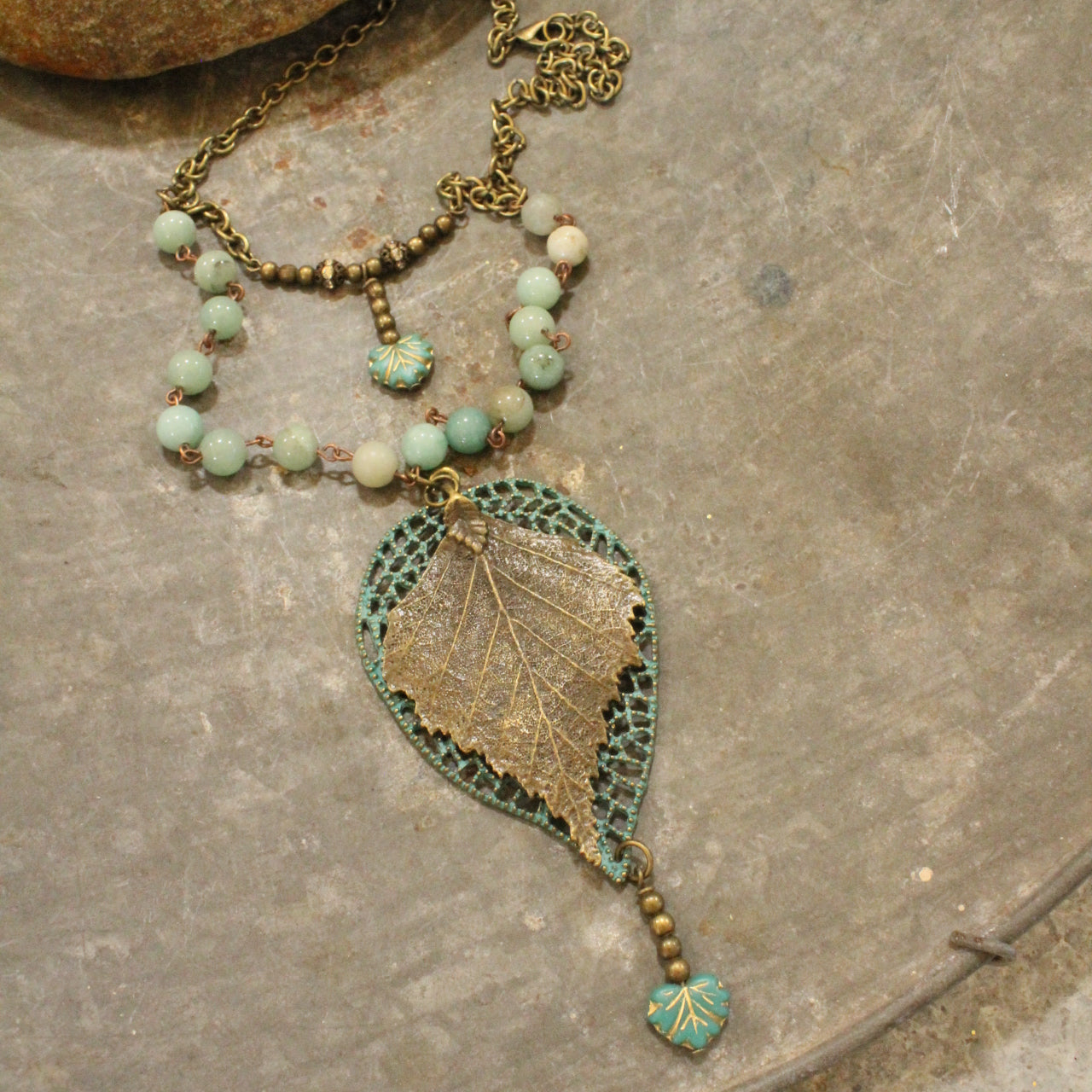 Bronze, Patina, & Czech Glass Leaves Layered Pendant Necklace