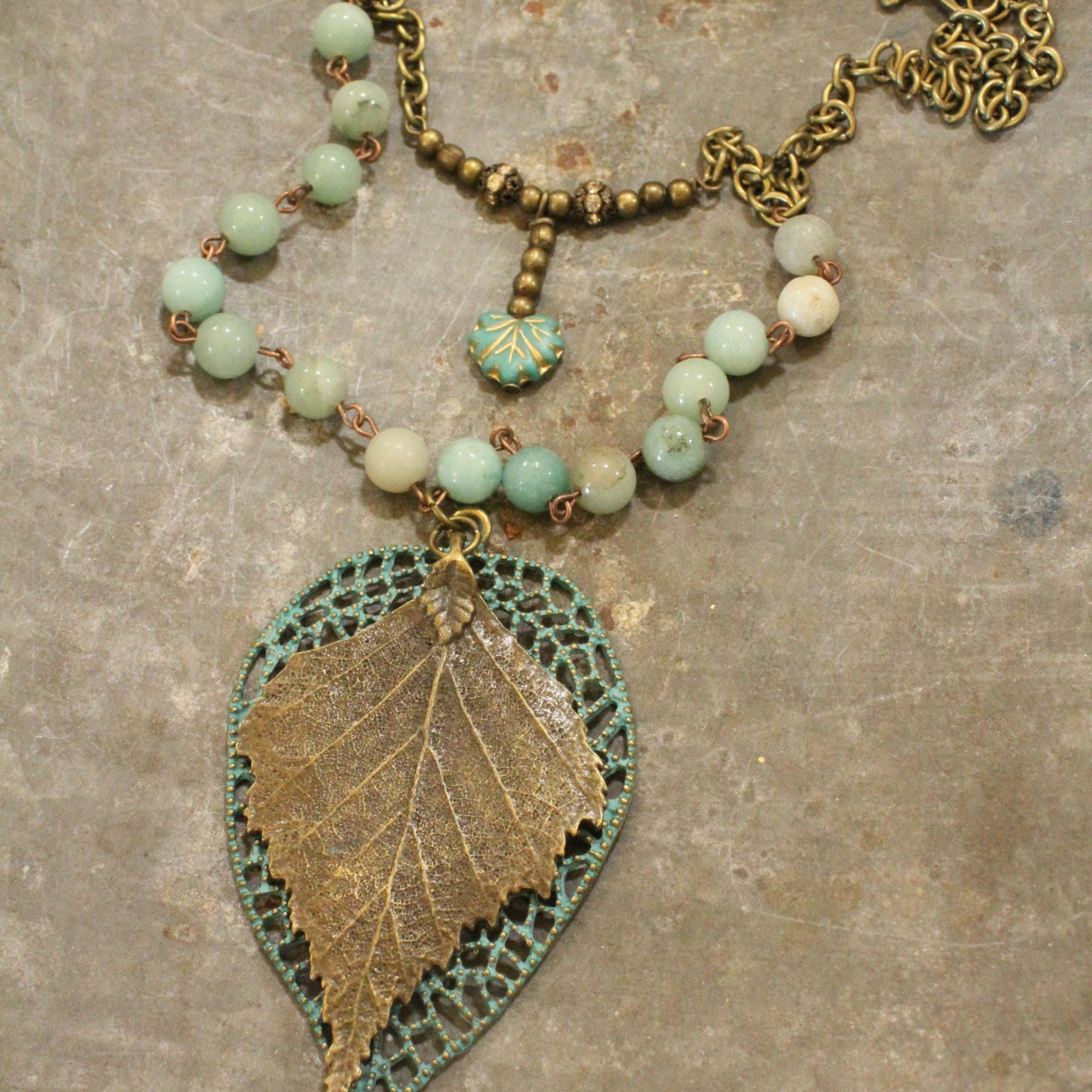 Bronze, Patina, & Czech Glass Leaves Layered Pendant Necklace