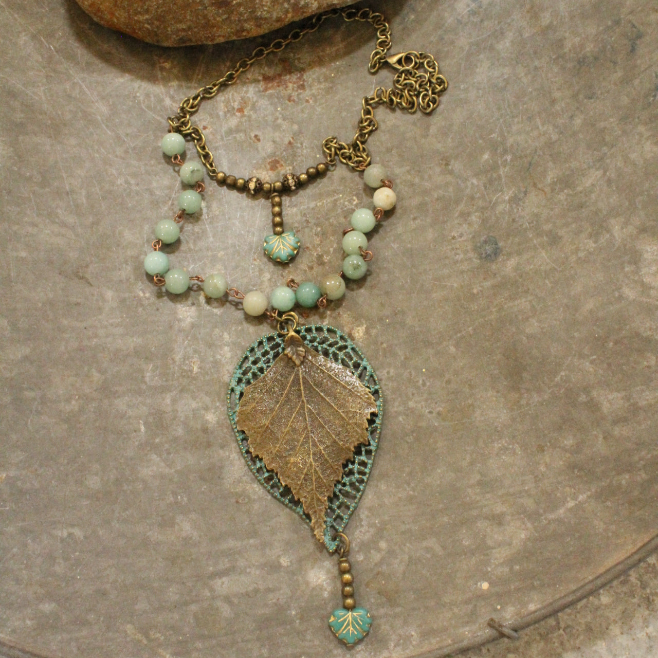 Bronze, Patina, & Czech Glass Leaves Layered Pendant Necklace