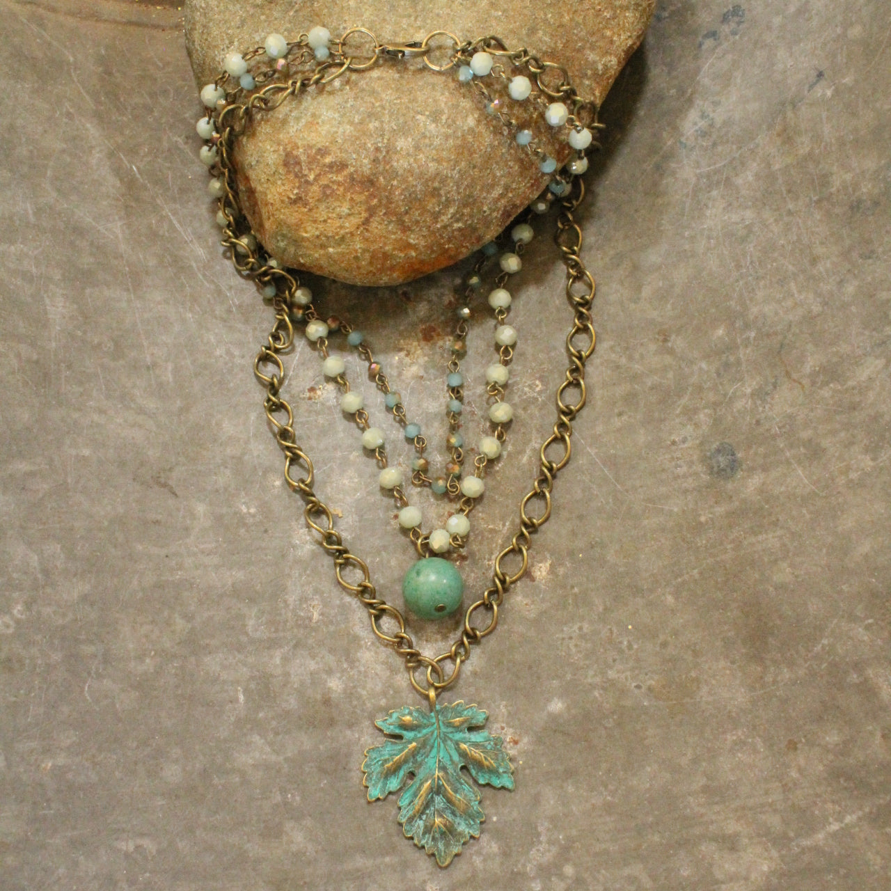 Patina Leaf & Rosary Stone Layered Drop Necklace