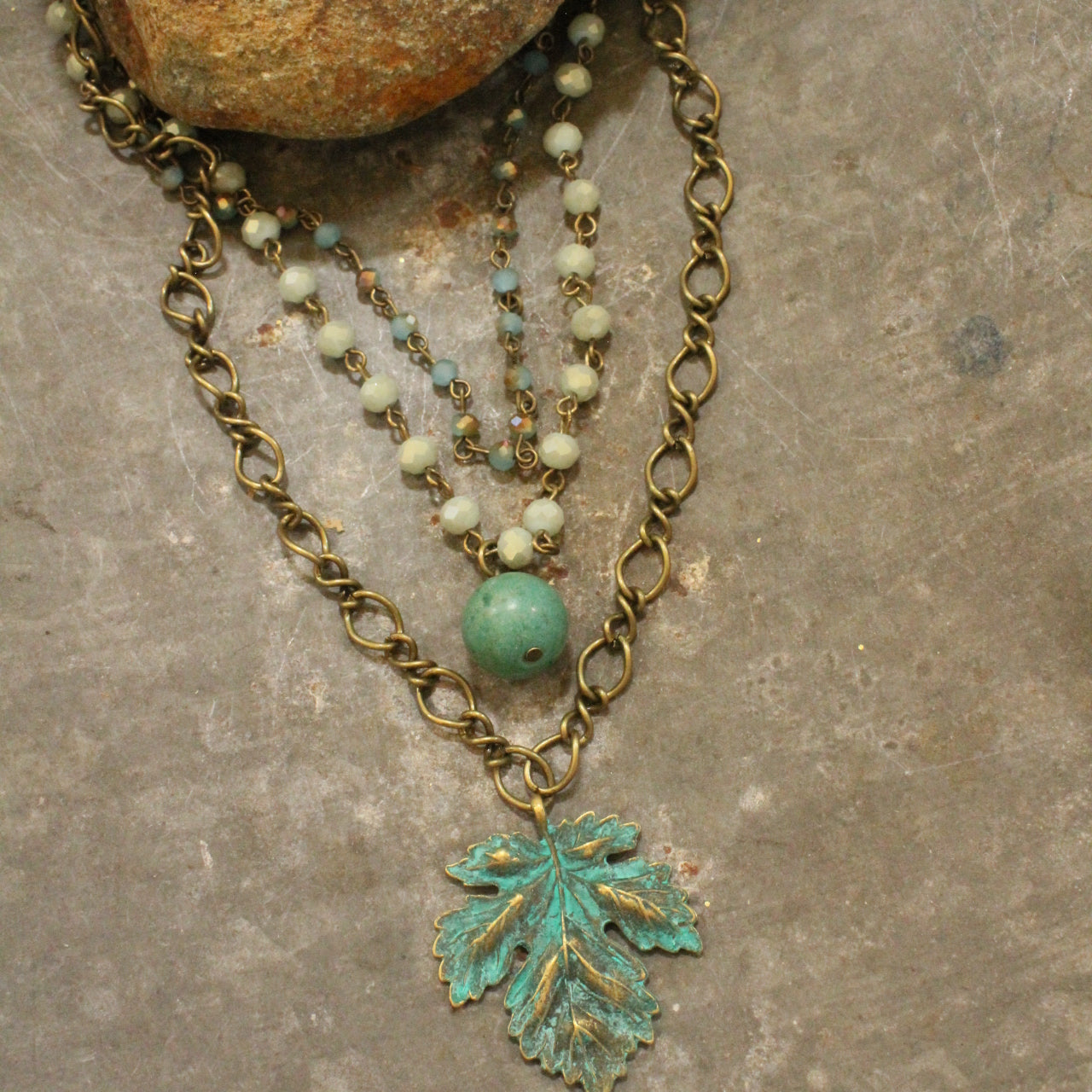 Patina Leaf & Rosary Stone Layered Drop Necklace