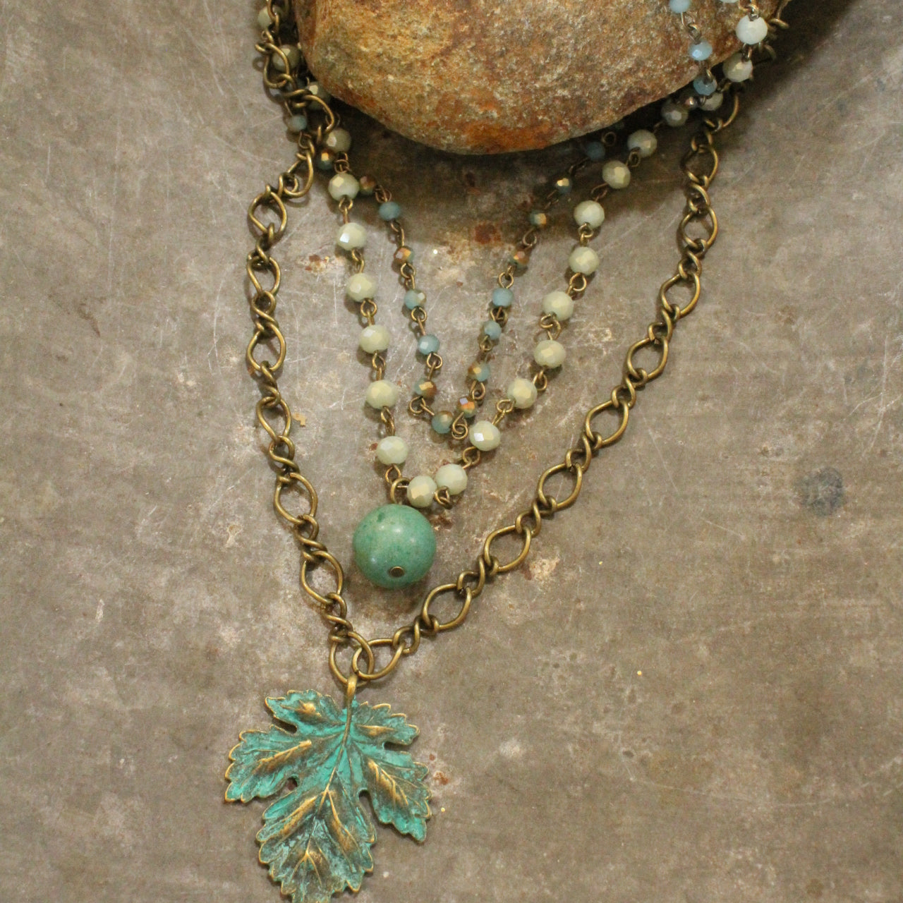 Patina Leaf & Rosary Stone Layered Drop Necklace