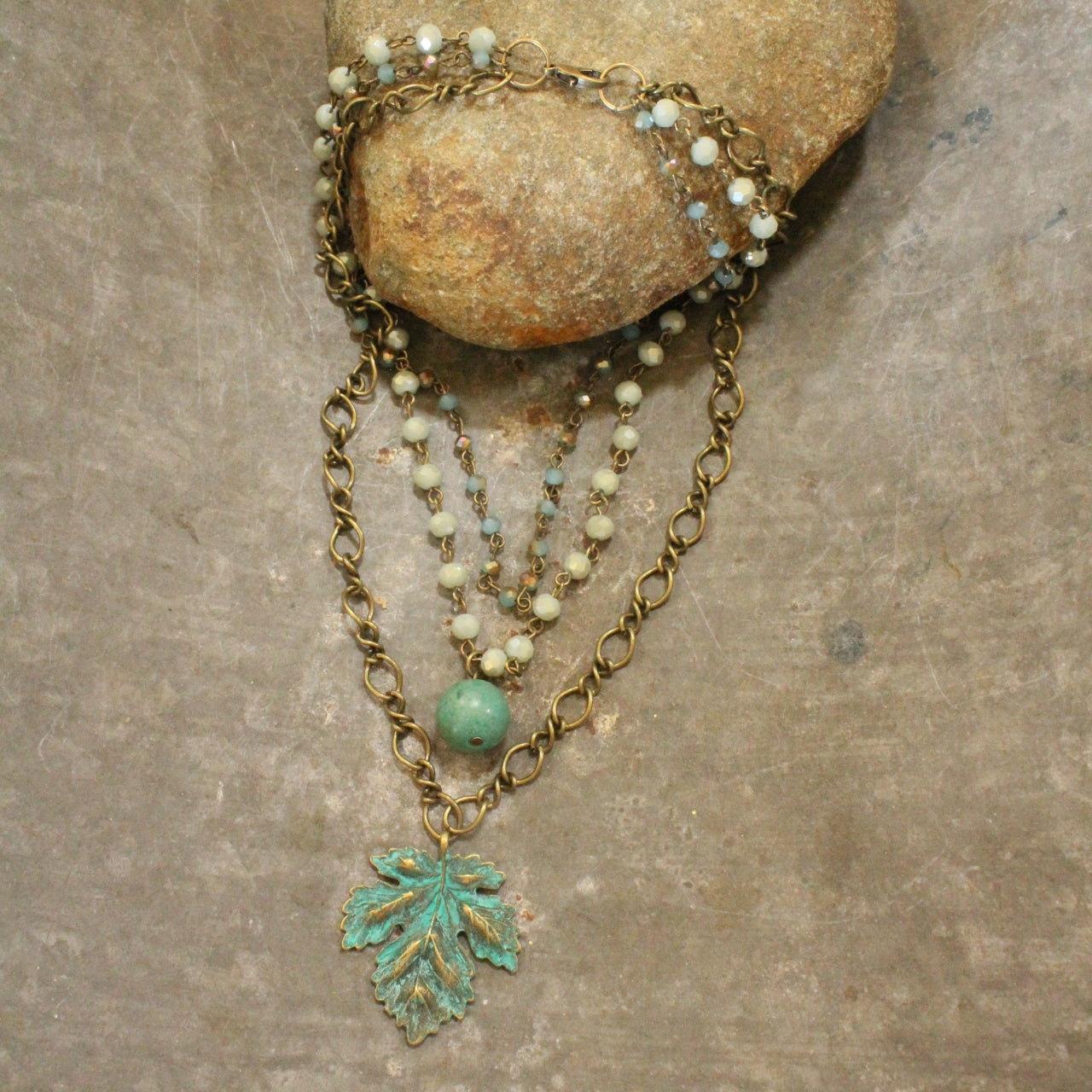 Patina Leaf & Rosary Stone Layered Drop Necklace