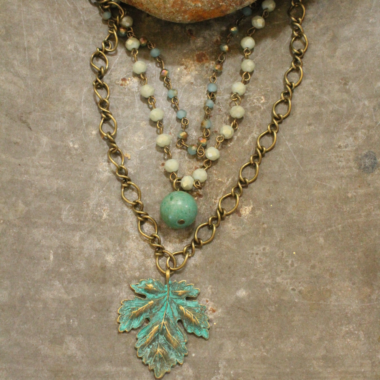 Patina Leaf & Rosary Stone Layered Drop Necklace