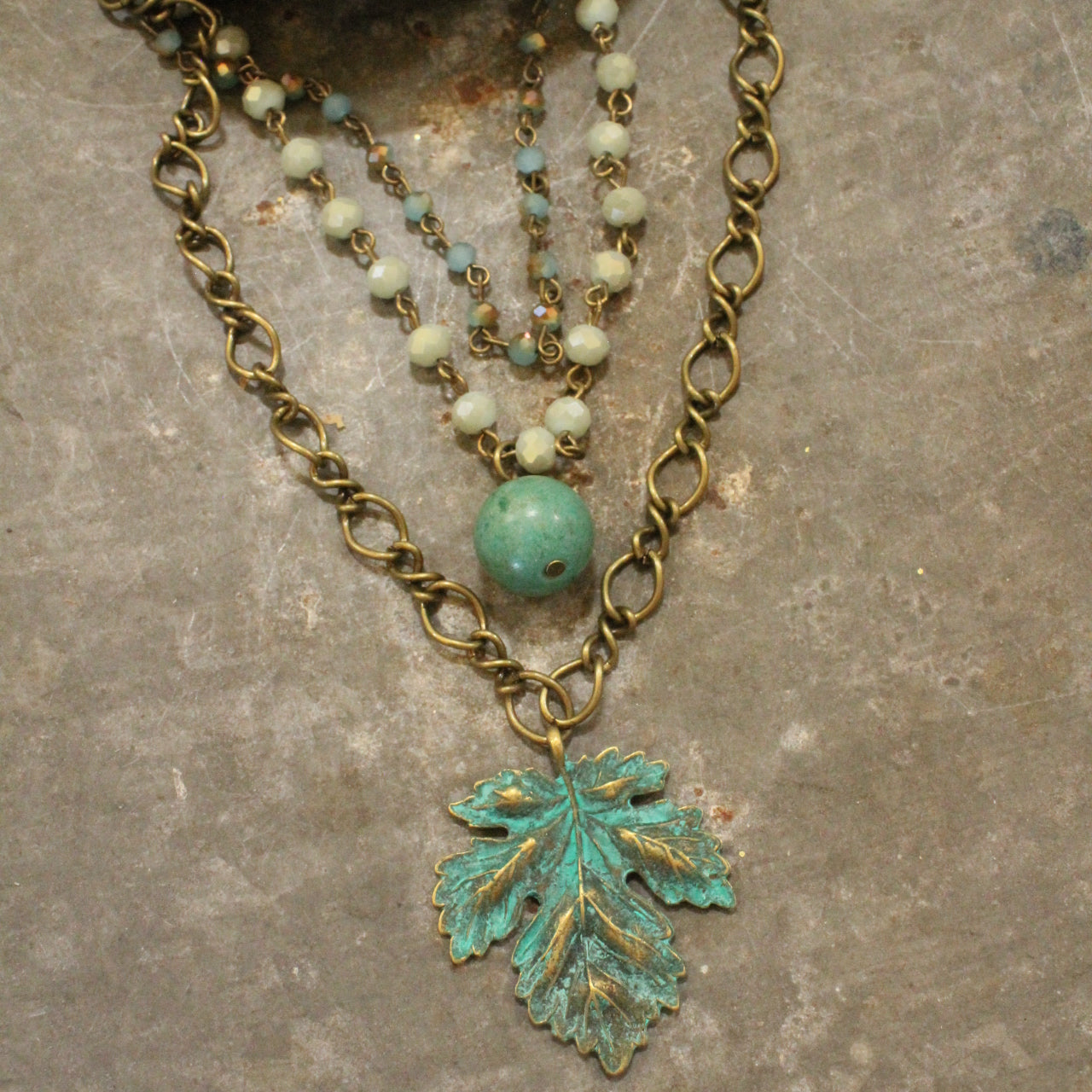 Patina Leaf & Rosary Stone Layered Drop Necklace