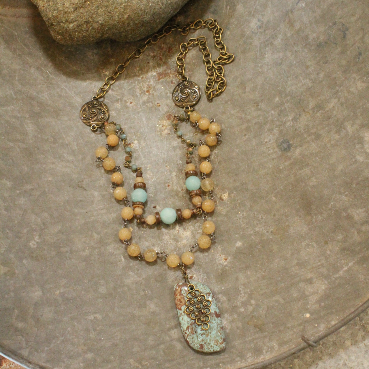 Vintage Stone & Rosary Chain Layered Pendant Necklace