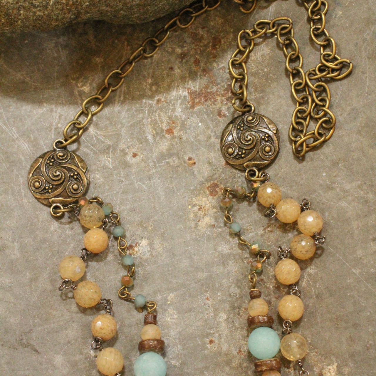 Vintage Stone & Rosary Chain Layered Pendant Necklace