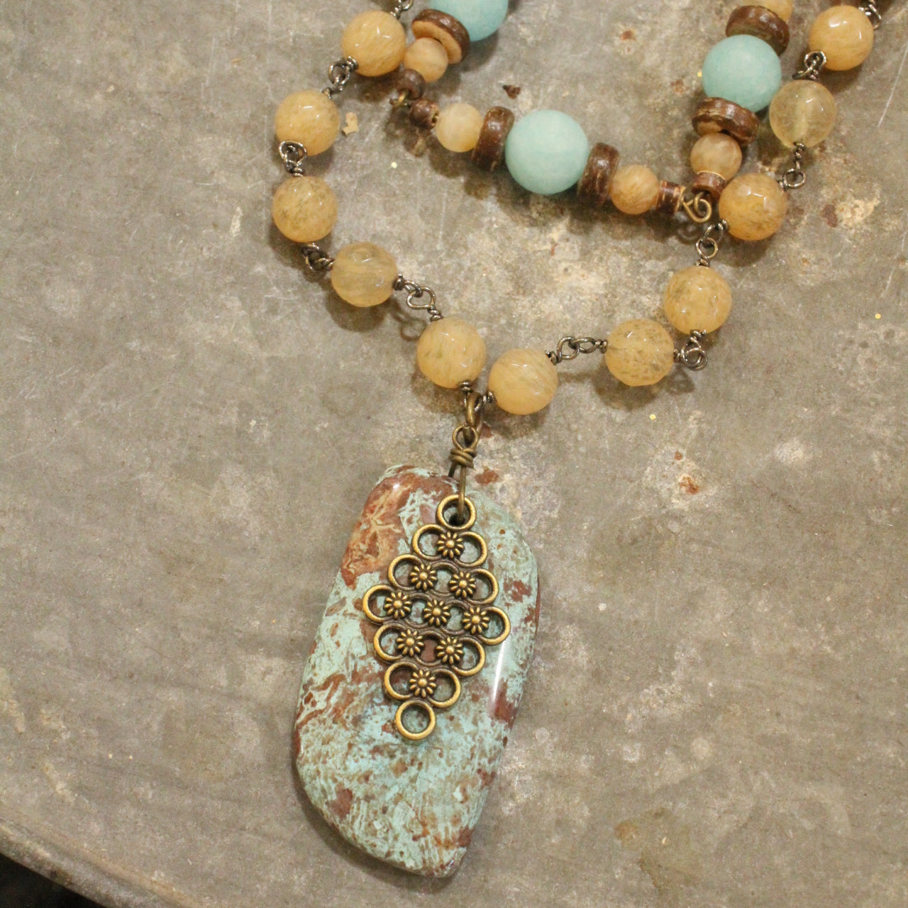 Vintage Stone & Rosary Chain Layered Pendant Necklace