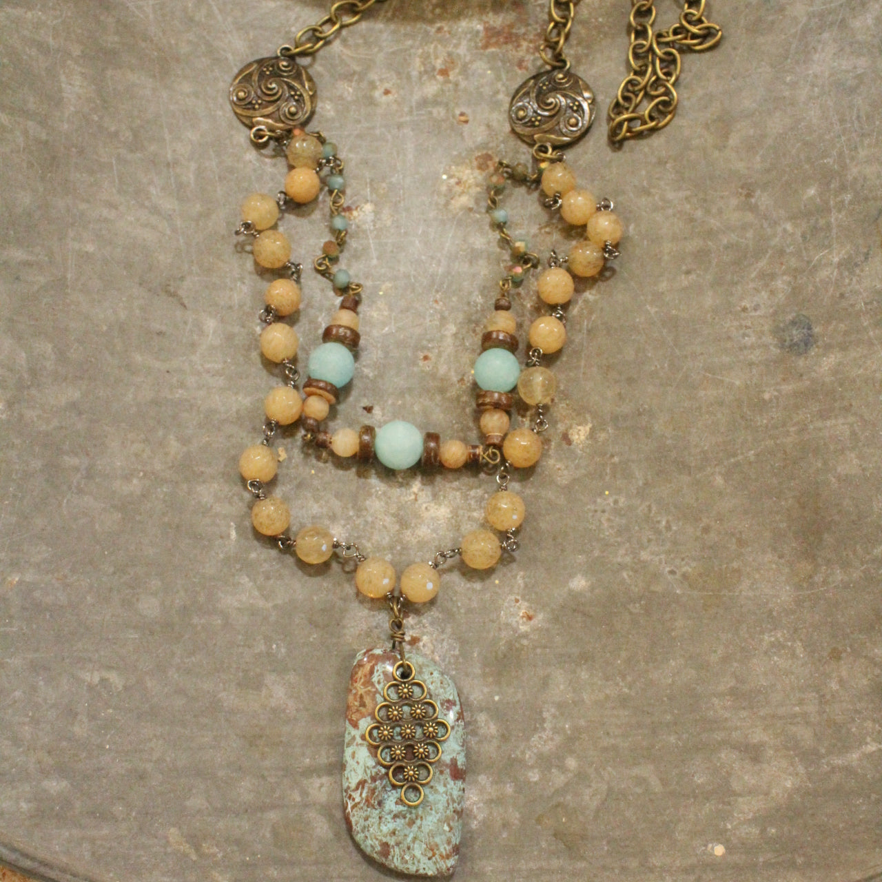 Vintage Stone & Rosary Chain Layered Pendant Necklace