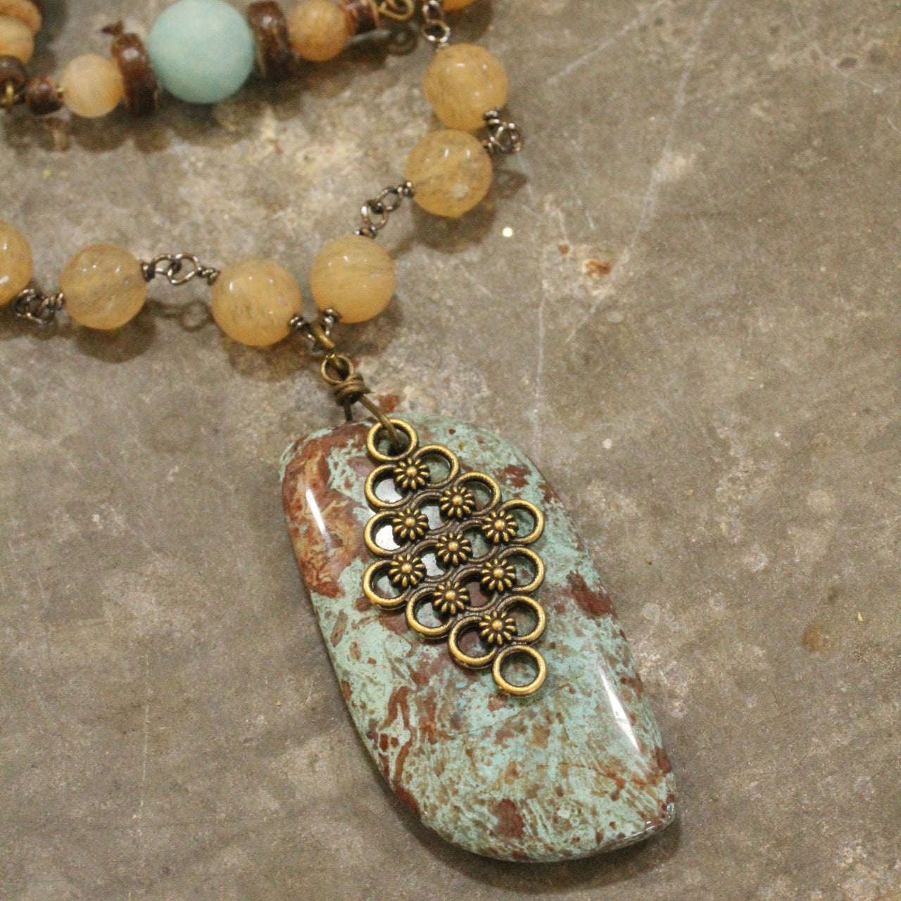 Vintage Stone & Rosary Chain Layered Pendant Necklace