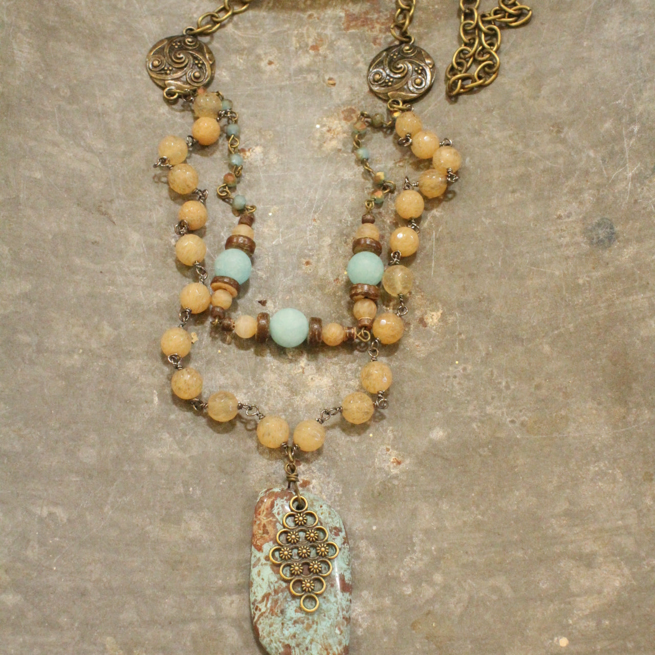 Vintage Stone & Rosary Chain Layered Pendant Necklace