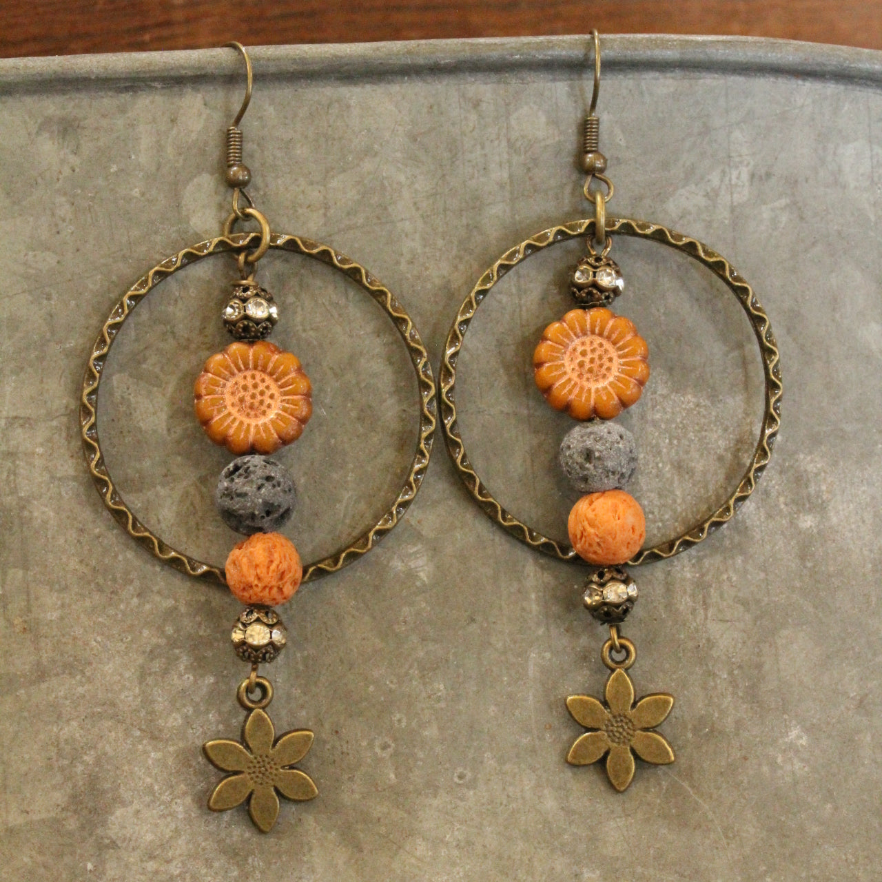 Vintage Hoop With Lava Rock & Czech Sunflower Accent Earrings