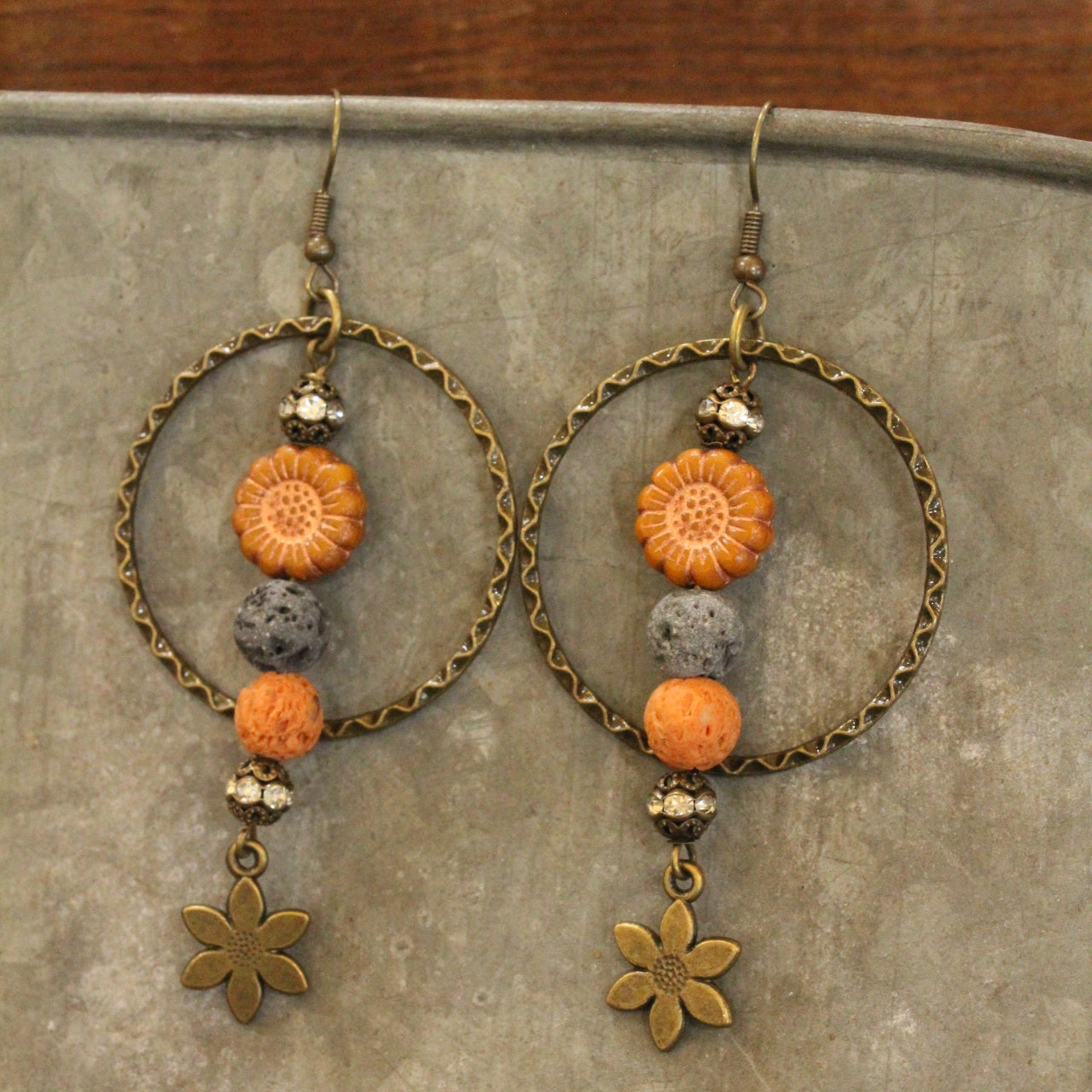 Vintage Hoop With Lava Rock & Czech Sunflower Accent Earrings