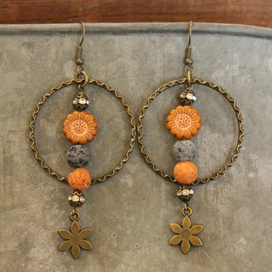 Vintage Hoop With Lava Rock & Czech Sunflower Accent Earrings