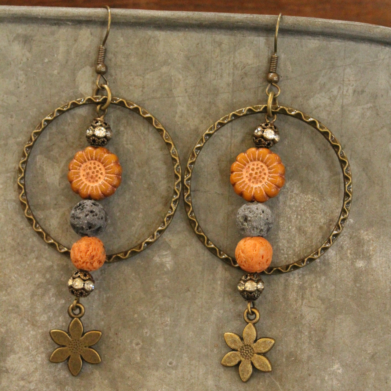 Vintage Hoop With Lava Rock & Czech Sunflower Accent Earrings