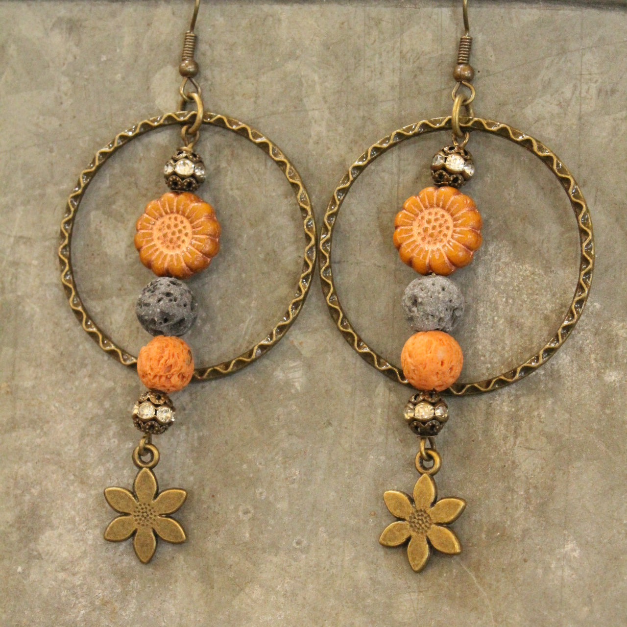 Vintage Hoop With Lava Rock & Czech Sunflower Accent Earrings