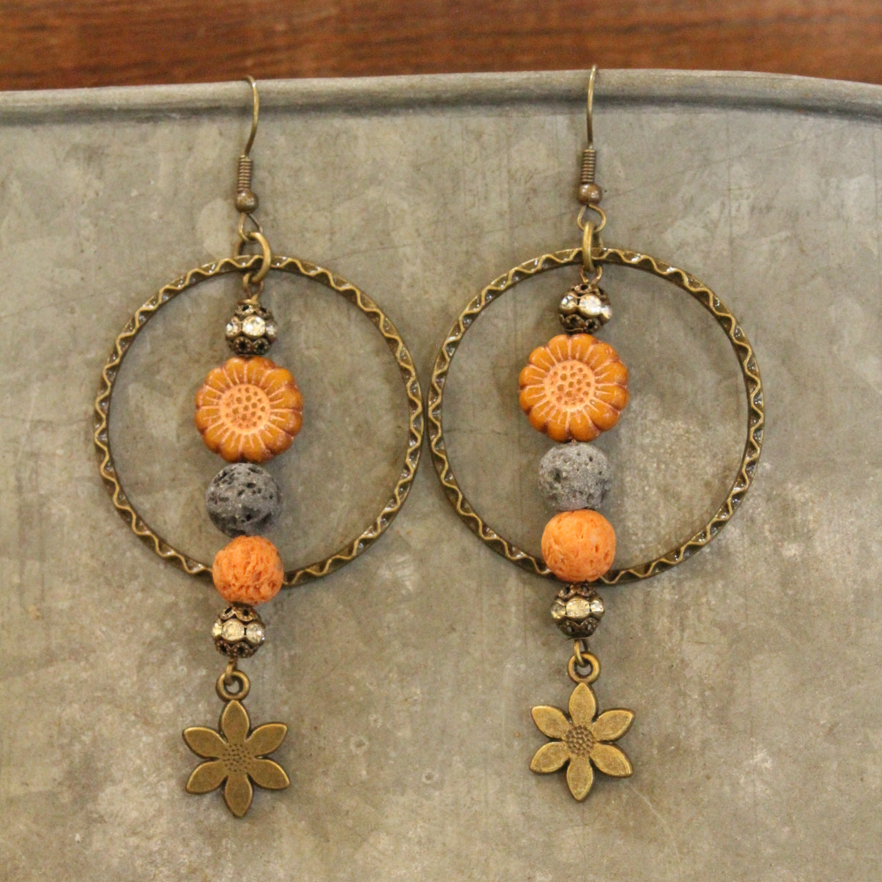 Vintage Hoop With Lava Rock & Czech Sunflower Accent Earrings