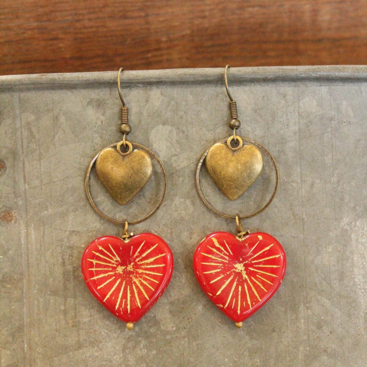 Bronze & Red Czech Heart Dangle Earrings