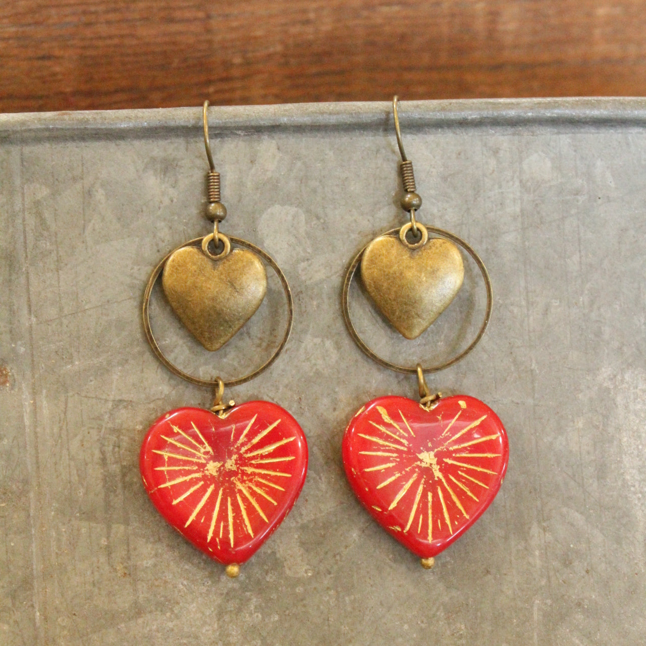 Bronze & Red Czech Heart Dangle Earrings