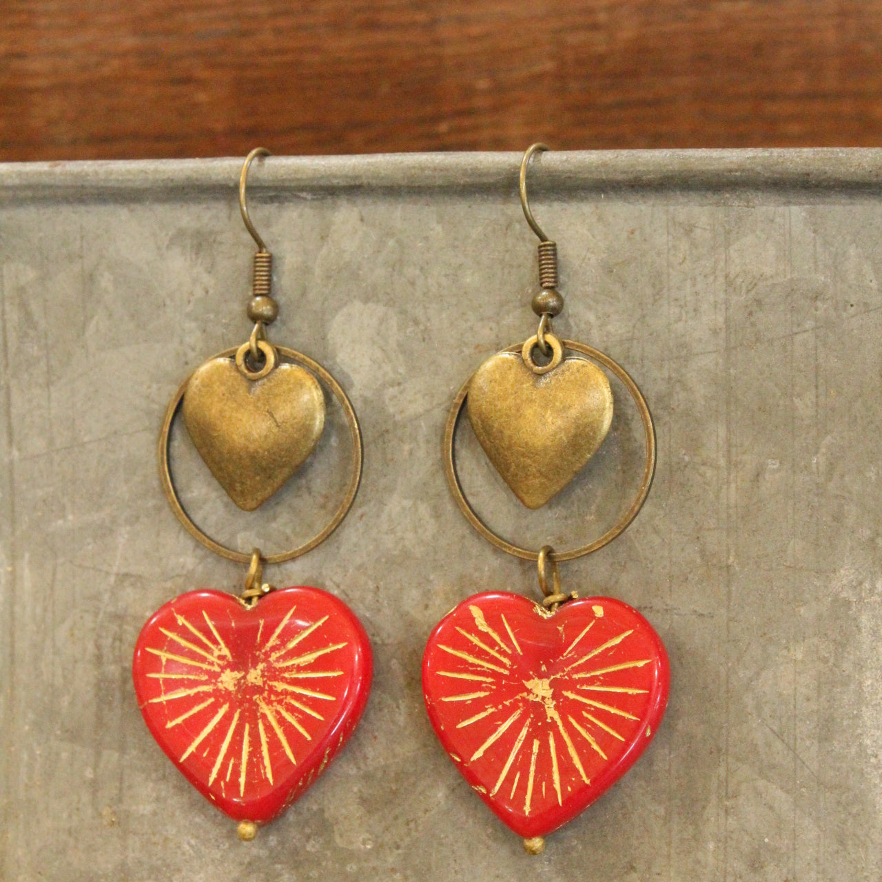 Bronze & Red Czech Heart Dangle Earrings