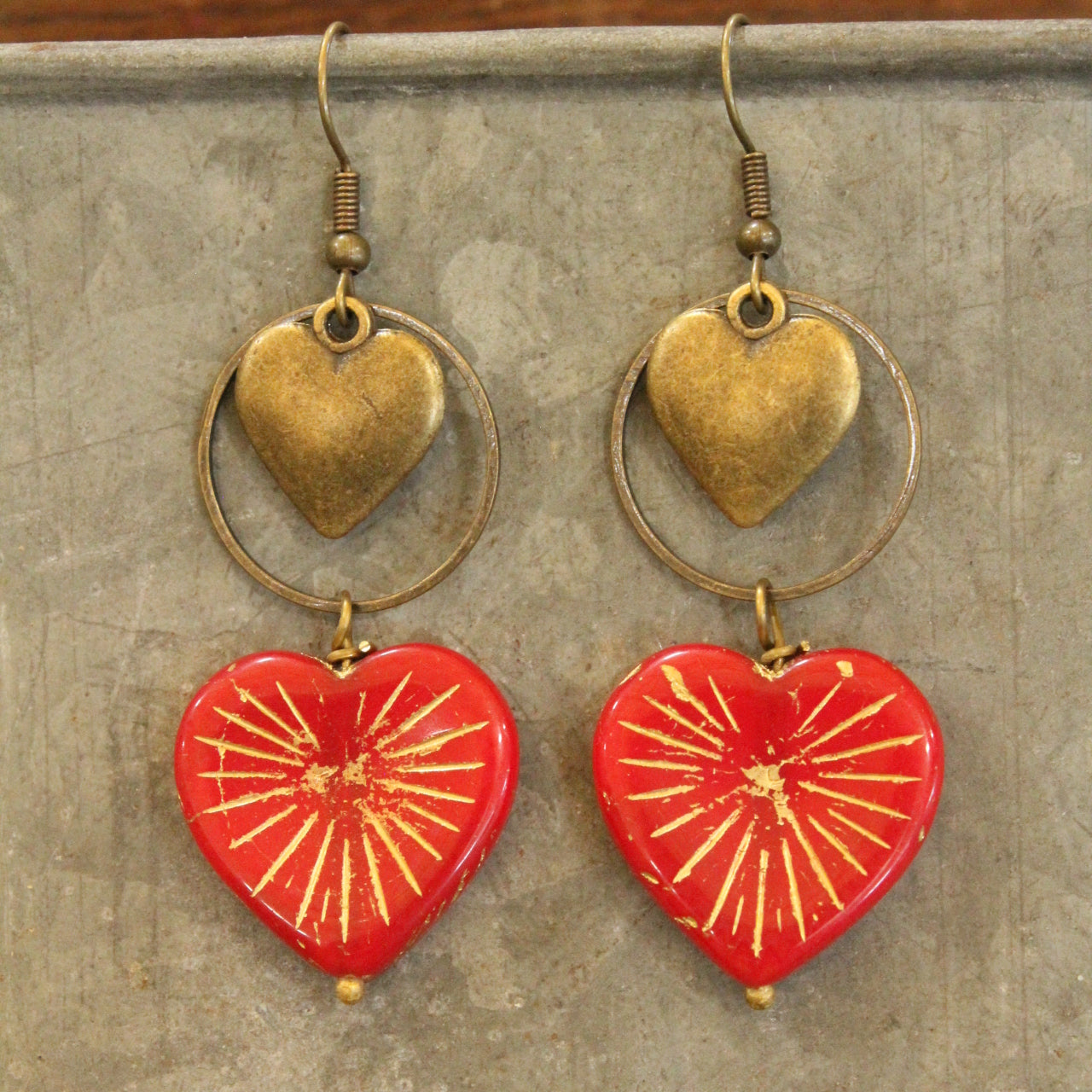 Bronze & Red Czech Heart Dangle Earrings