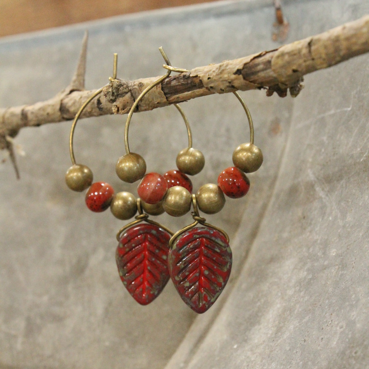 Rec Czech Leaf & Bead Hoop Drop Earrings