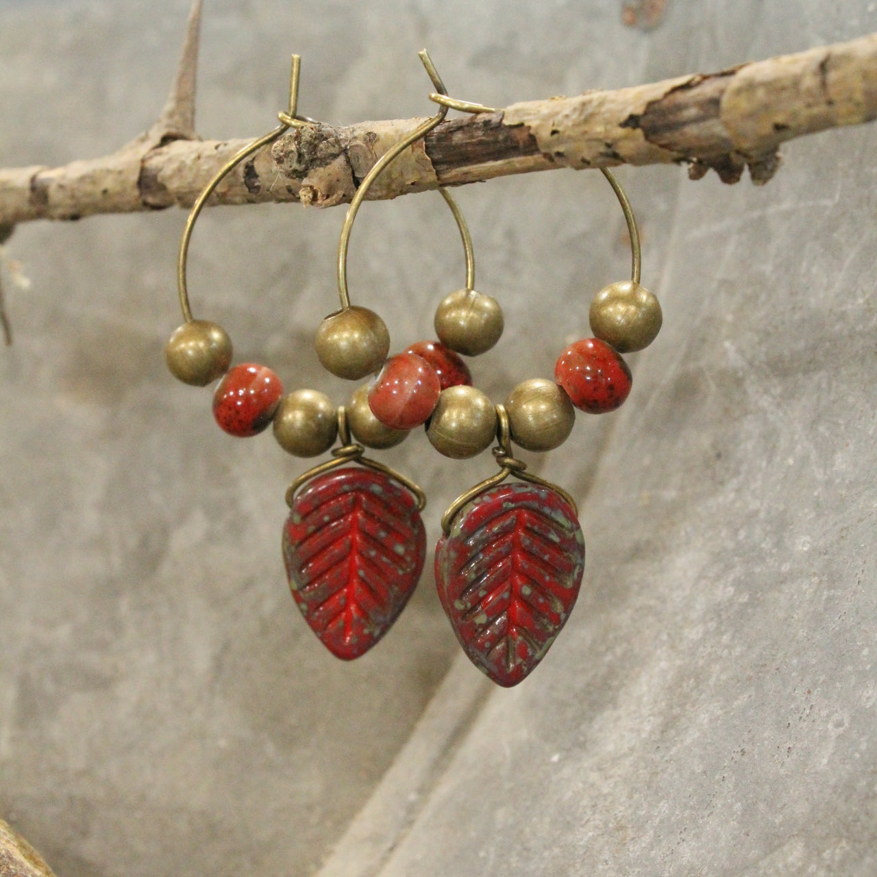 Rec Czech Leaf & Bead Hoop Drop Earrings