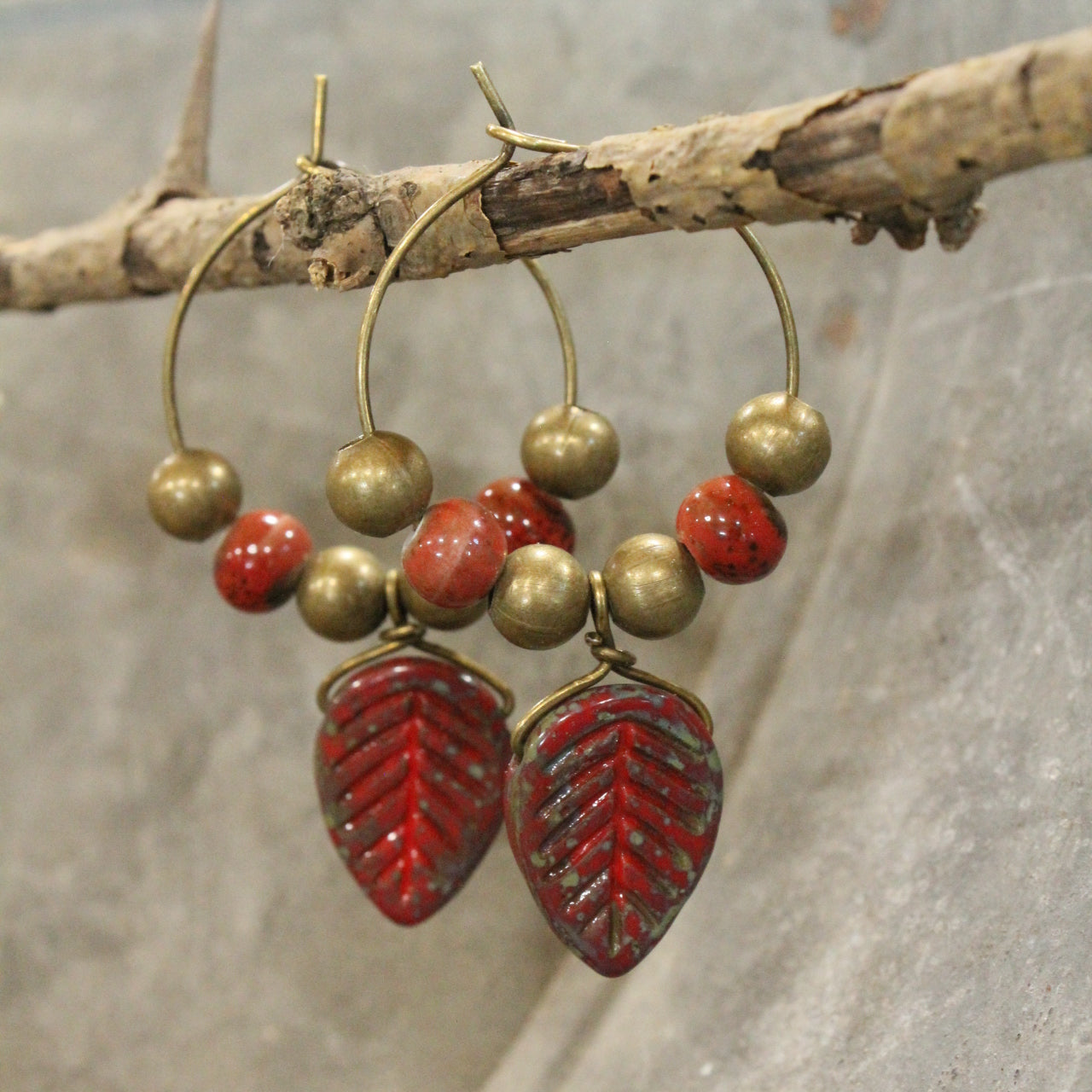 Rec Czech Leaf & Bead Hoop Drop Earrings