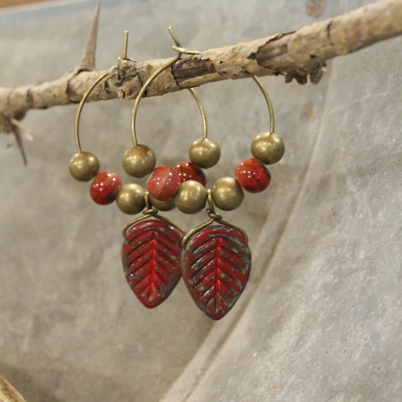 Rec Czech Leaf & Bead Hoop Drop Earrings