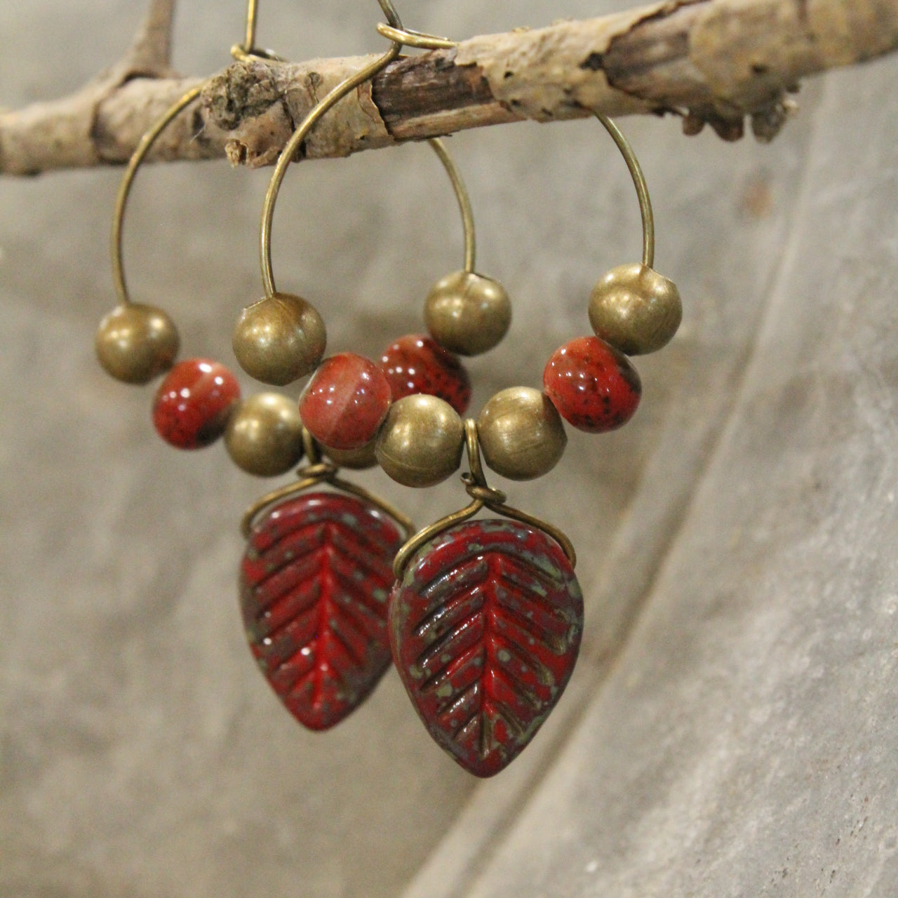 Rec Czech Leaf & Bead Hoop Drop Earrings