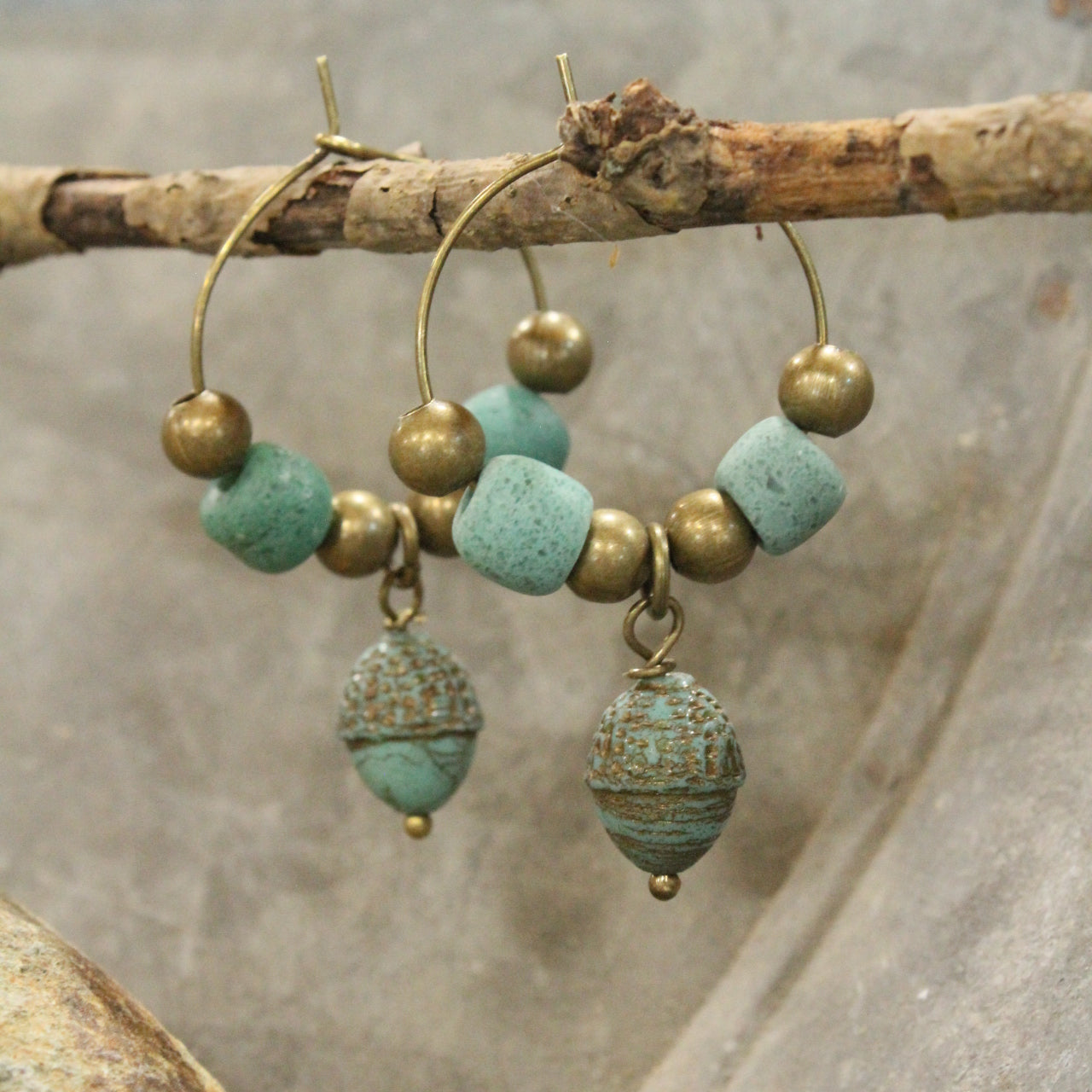 Acorn Czech & Jade Clay Hoop Drop Earrings