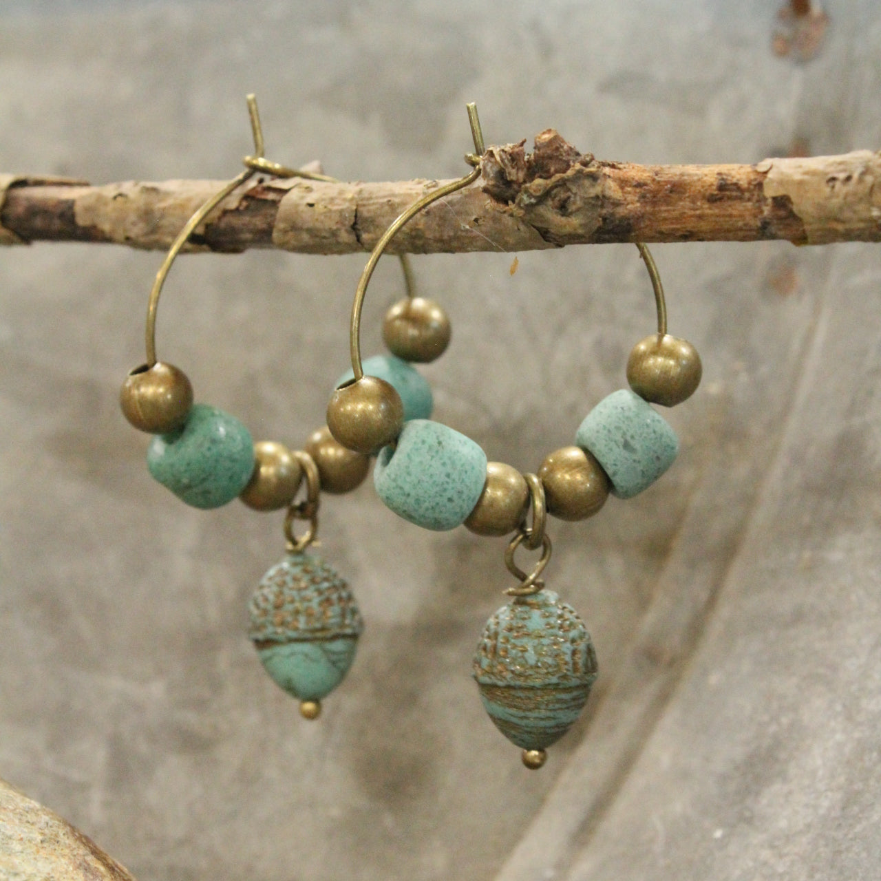 Acorn Czech & Jade Clay Hoop Drop Earrings