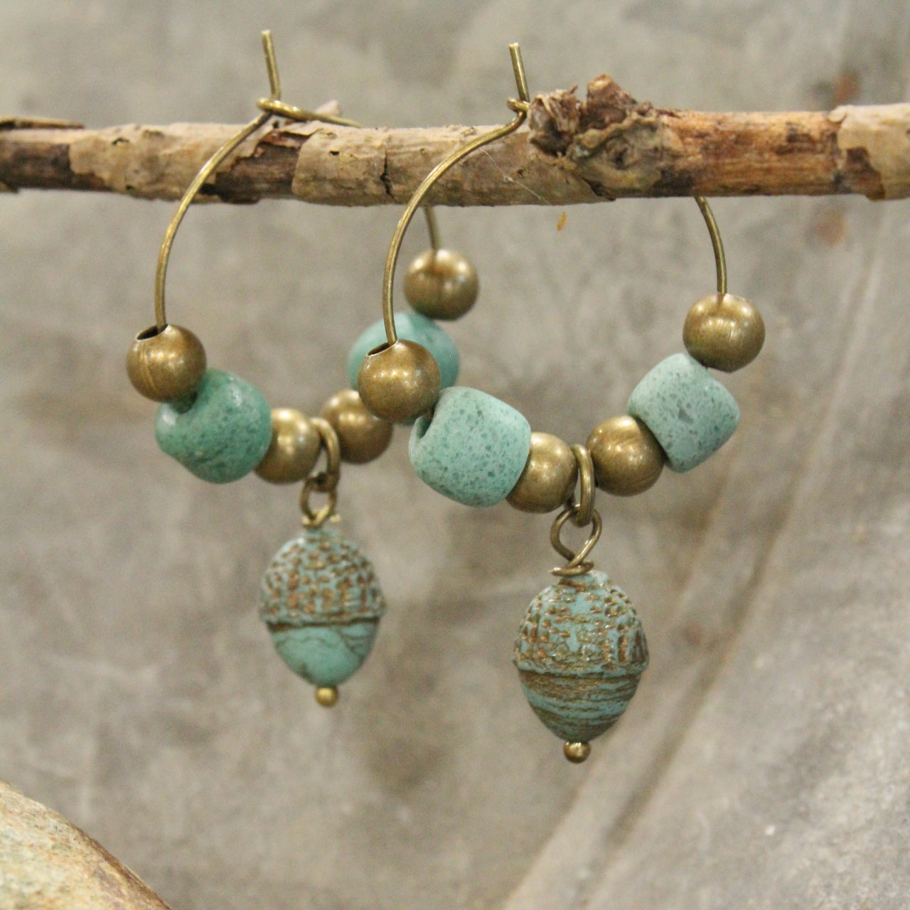 Acorn Czech & Jade Clay Hoop Drop Earrings