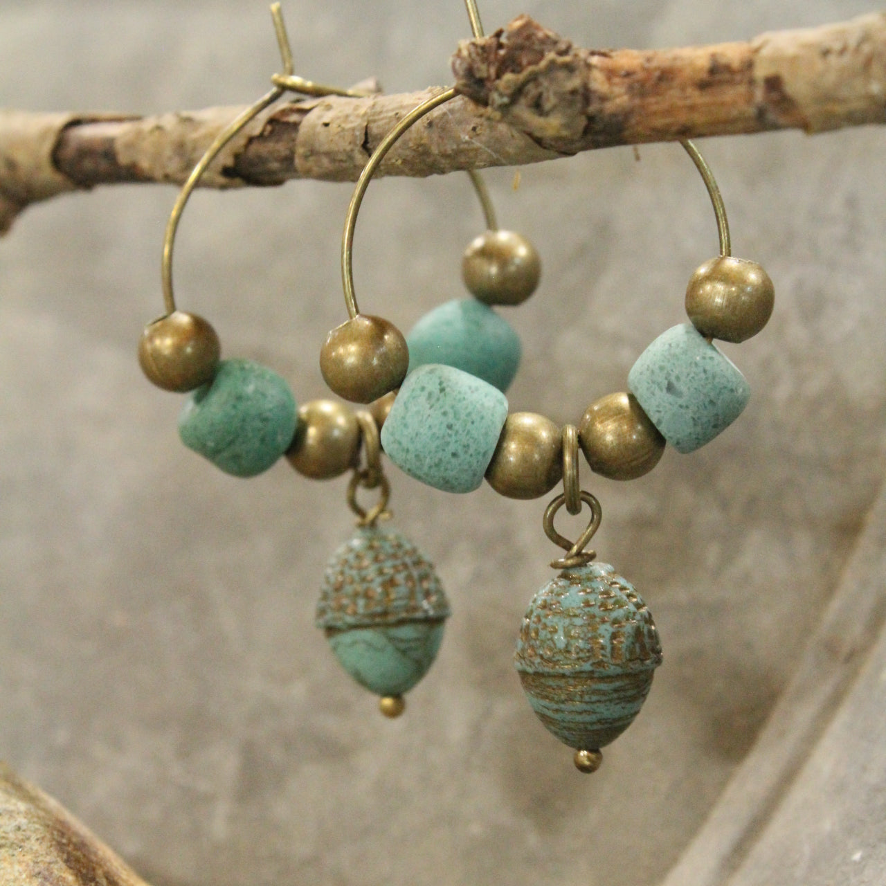 Acorn Czech & Jade Clay Hoop Drop Earrings