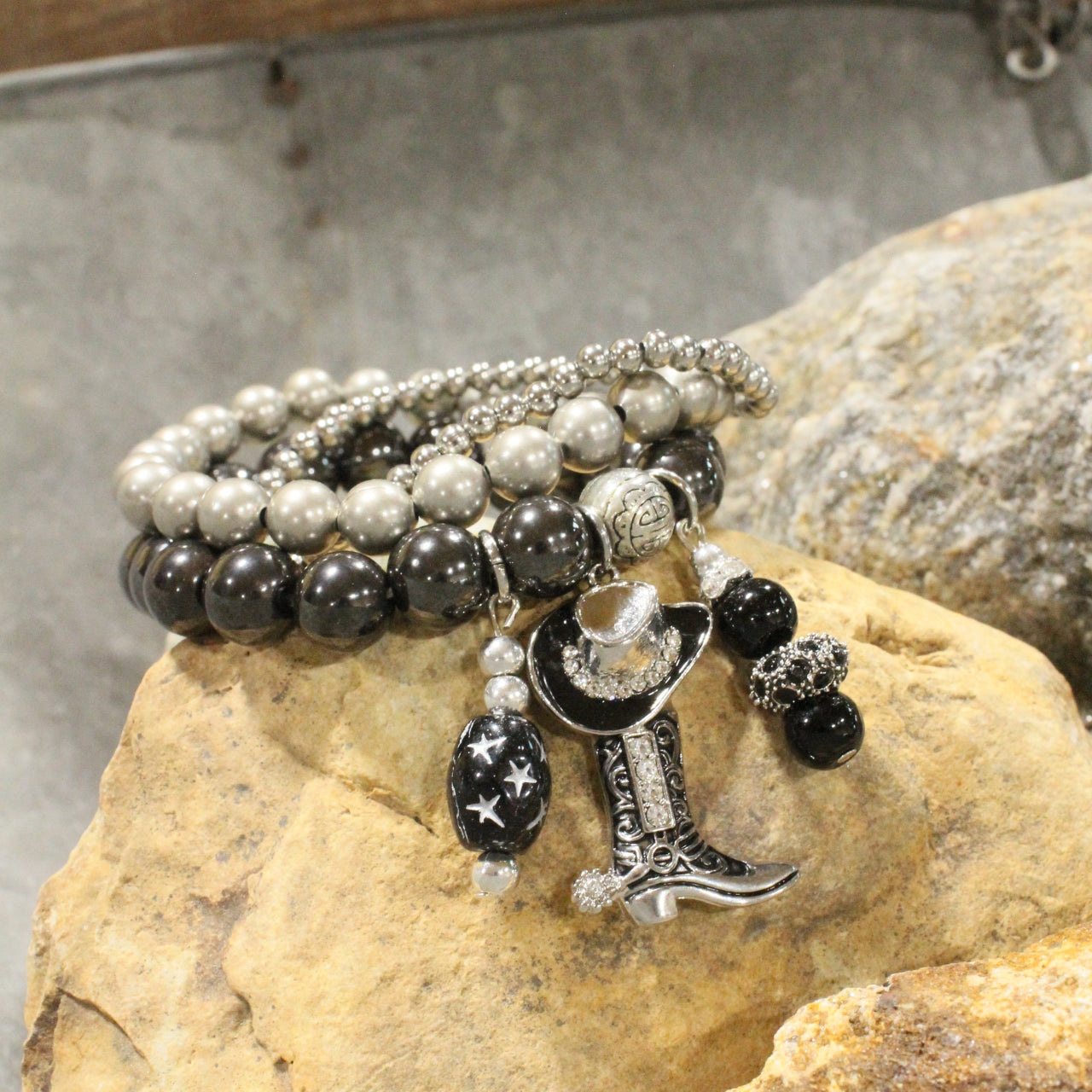 Hats Off/Boots On Black Stretch Bracelet Set