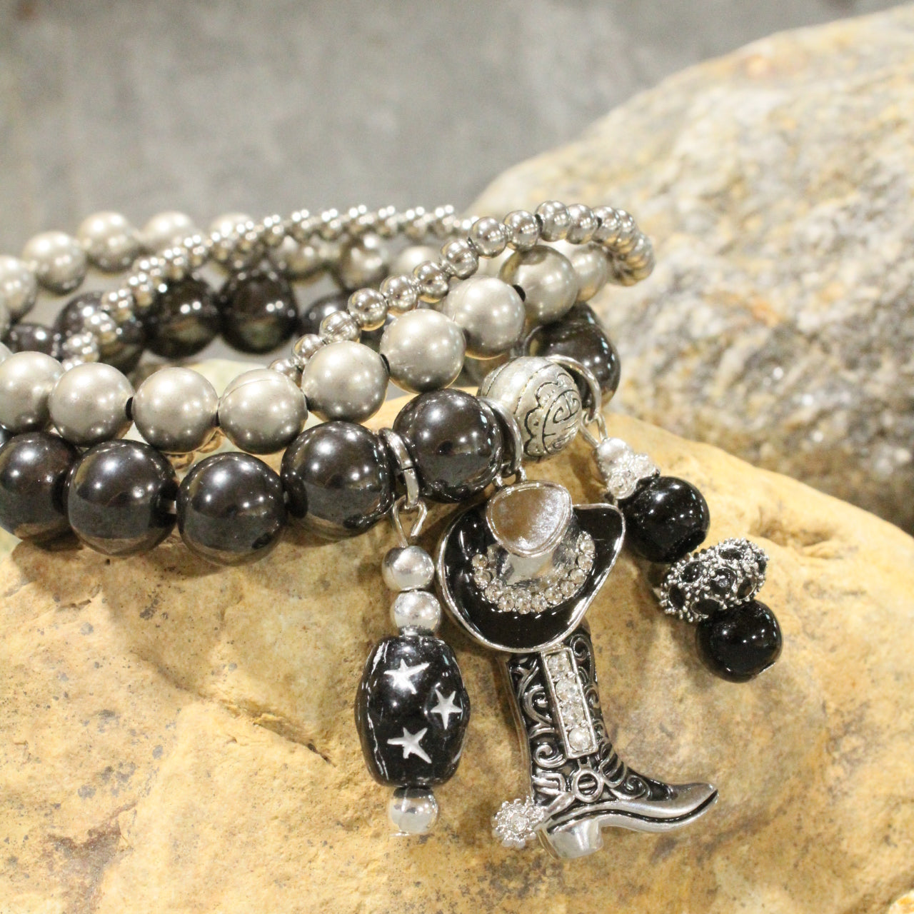 Hats Off/Boots On Black Stretch Bracelet Set