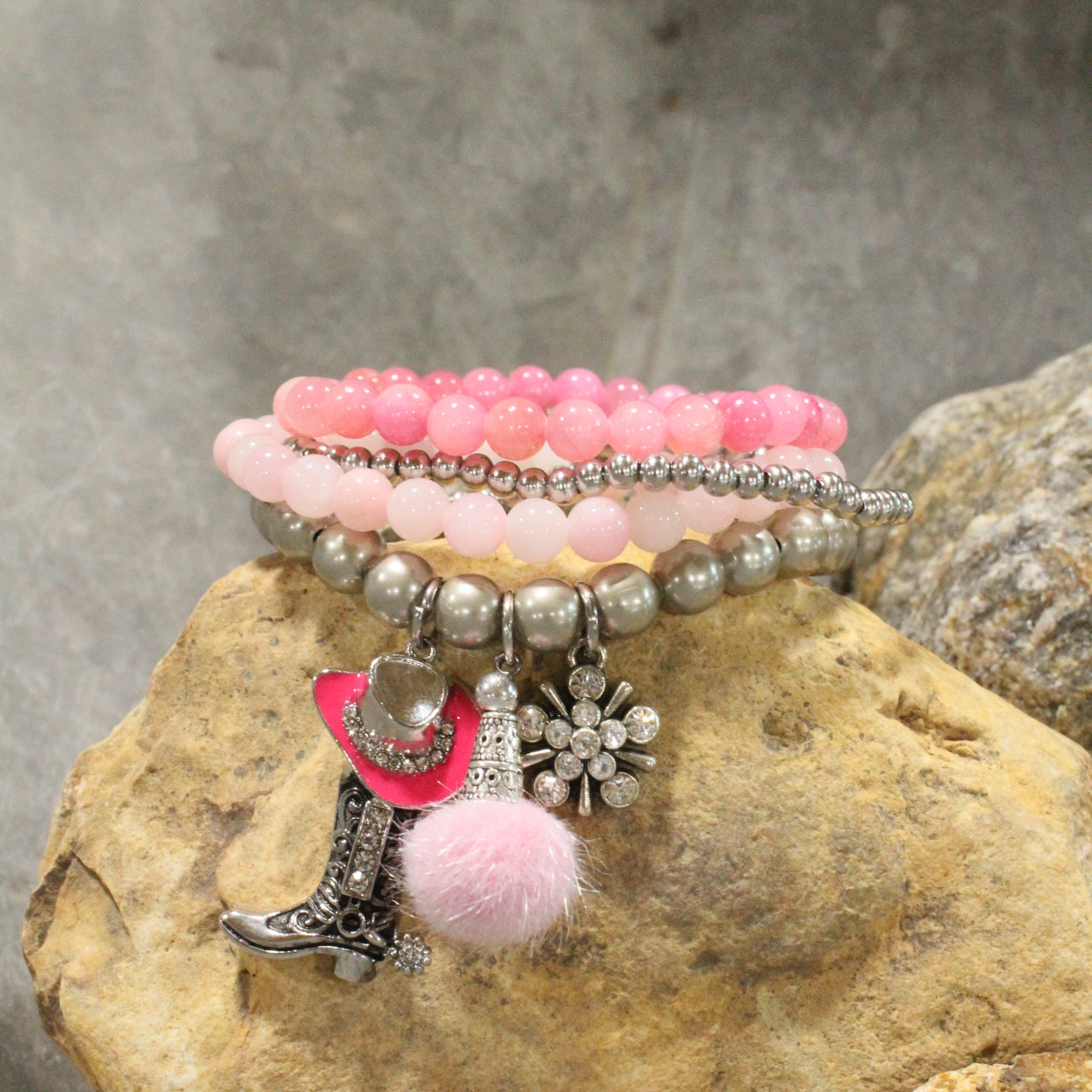 Hats Off/Boots On Pink Stretch Bracelet Set