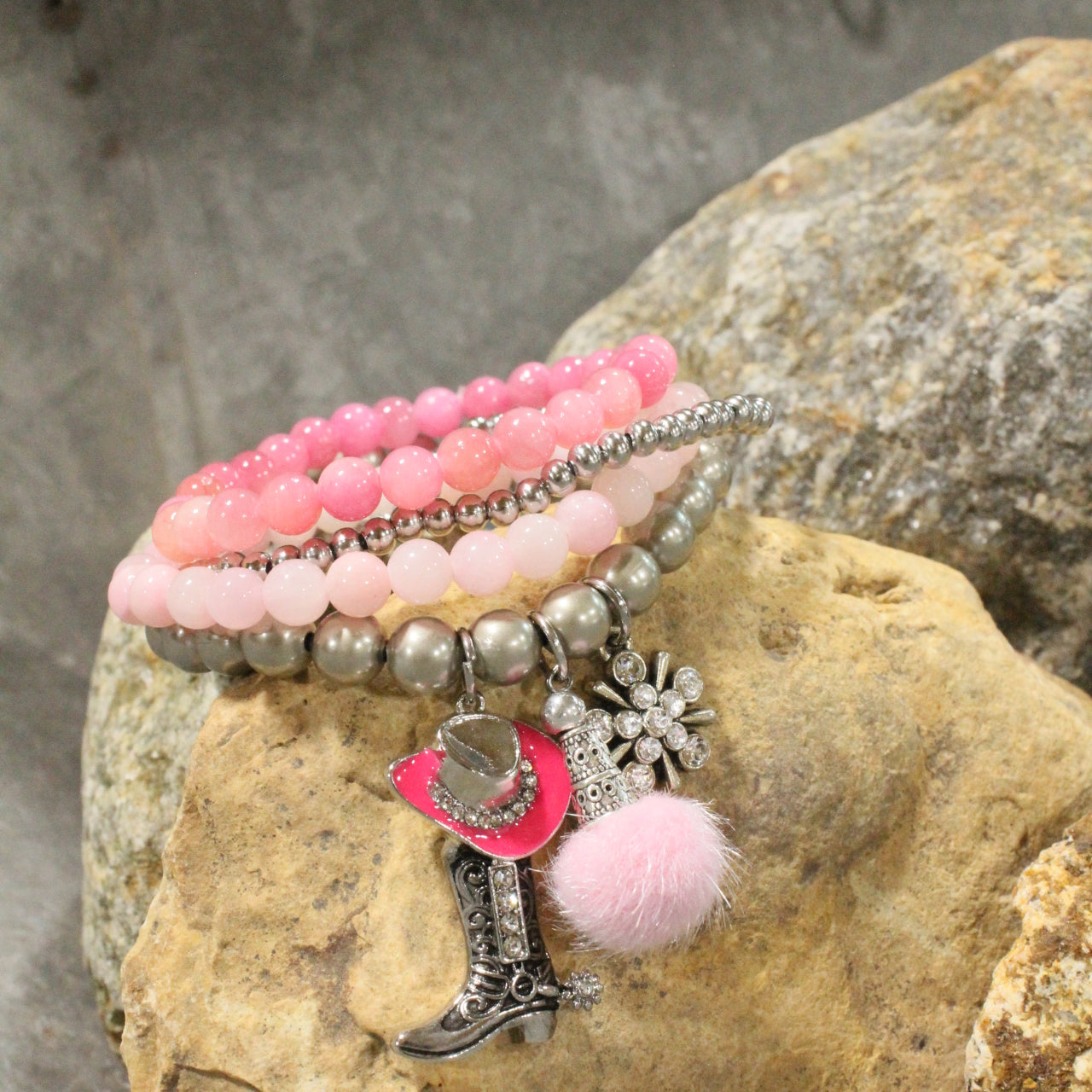 Hats Off/Boots On Pink Stretch Bracelet Set