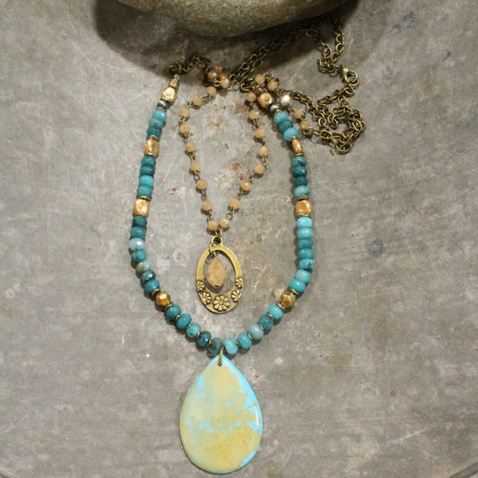 Layers Of Teal & Teardrop Stone Pendant Necklace