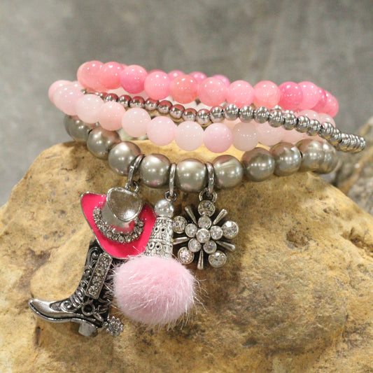 Hats Off/Boots On Pink Stretch Bracelet Set