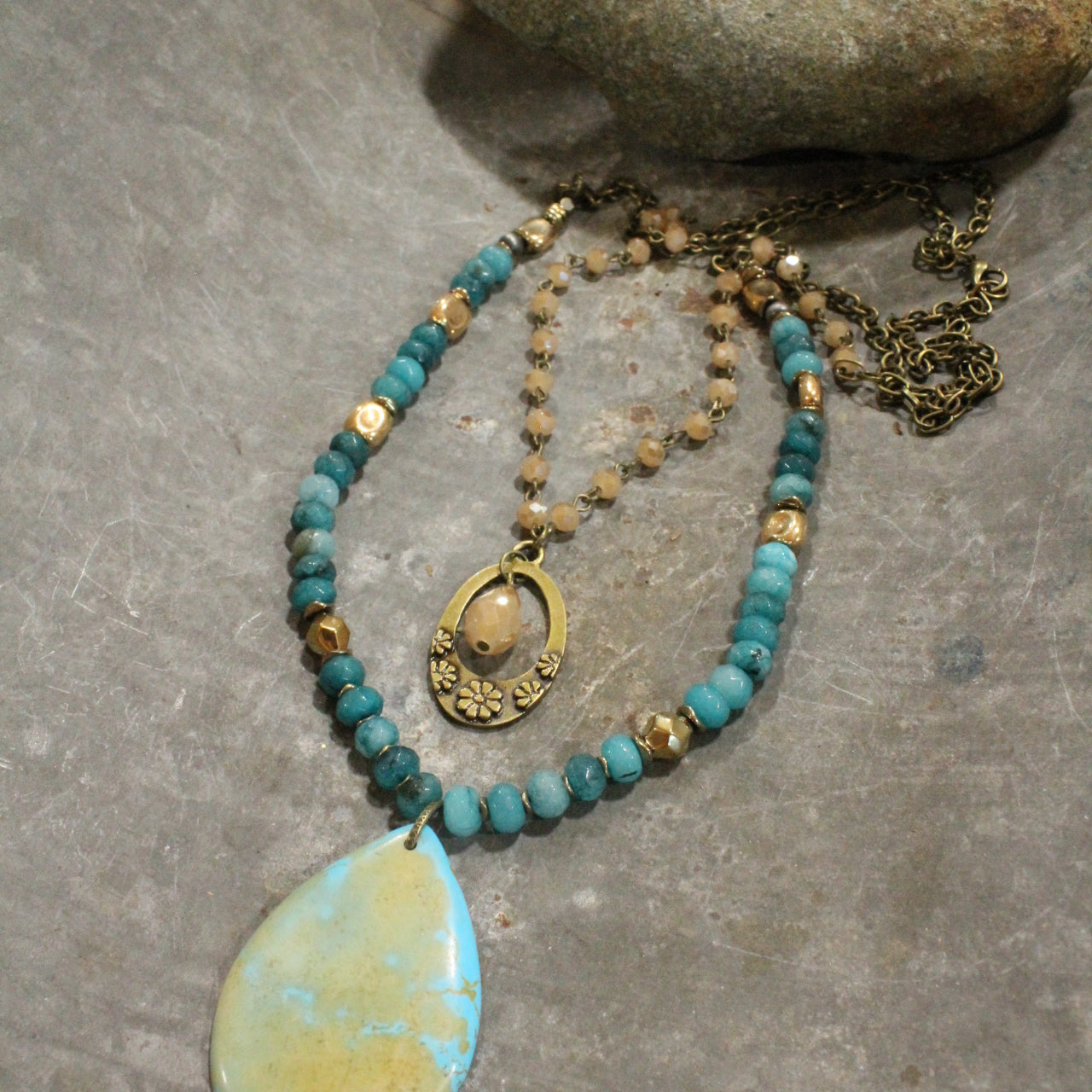 Layers Of Teal & Teardrop Stone Pendant Necklace