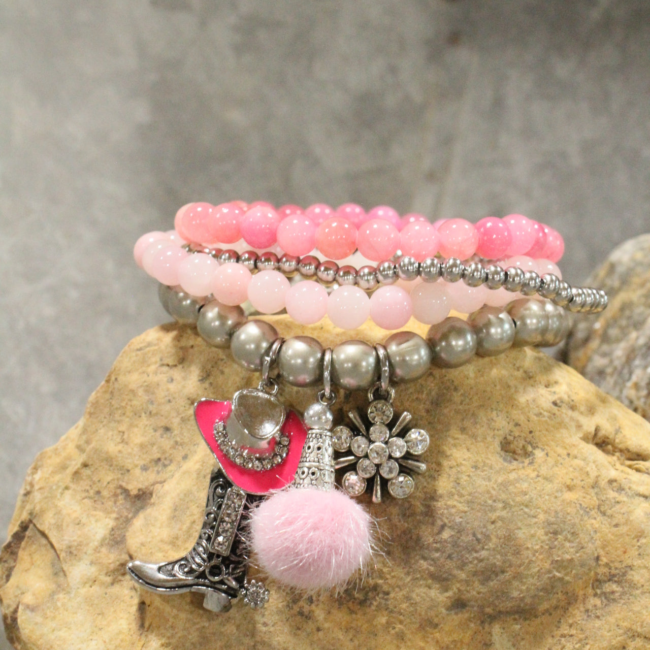 Hats Off/Boots On Pink Stretch Bracelet Set