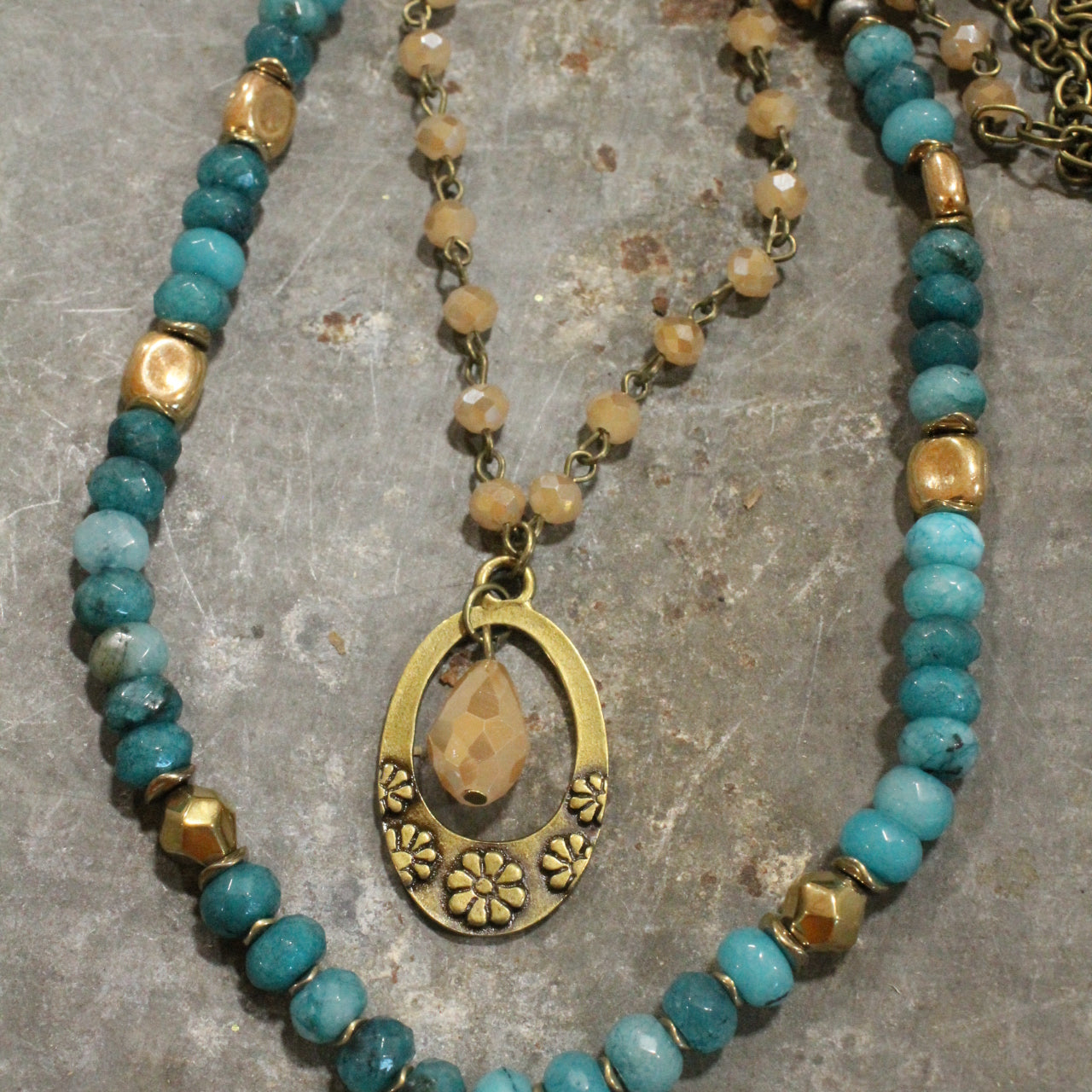 Layers Of Teal & Teardrop Stone Pendant Necklace