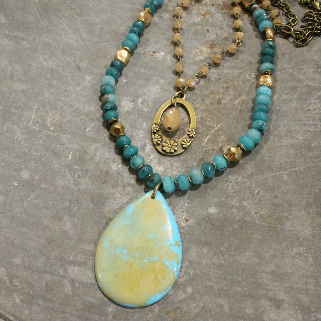 Layers Of Teal & Teardrop Stone Pendant Necklace