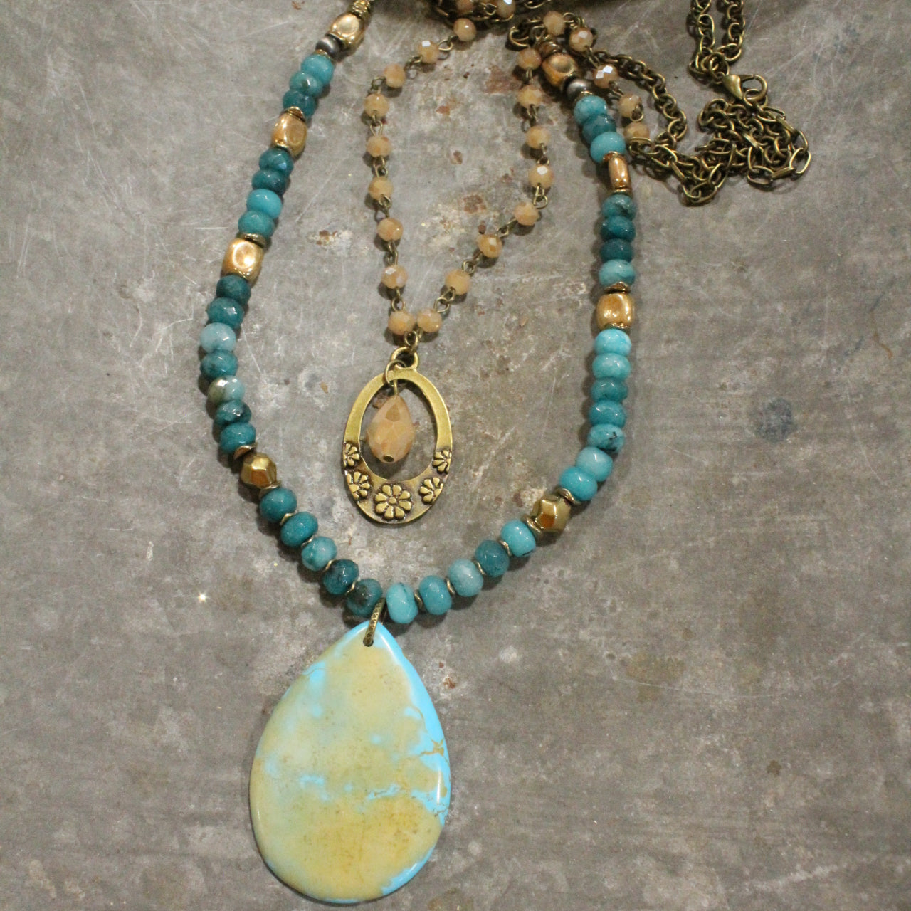 Layers Of Teal & Teardrop Stone Pendant Necklace