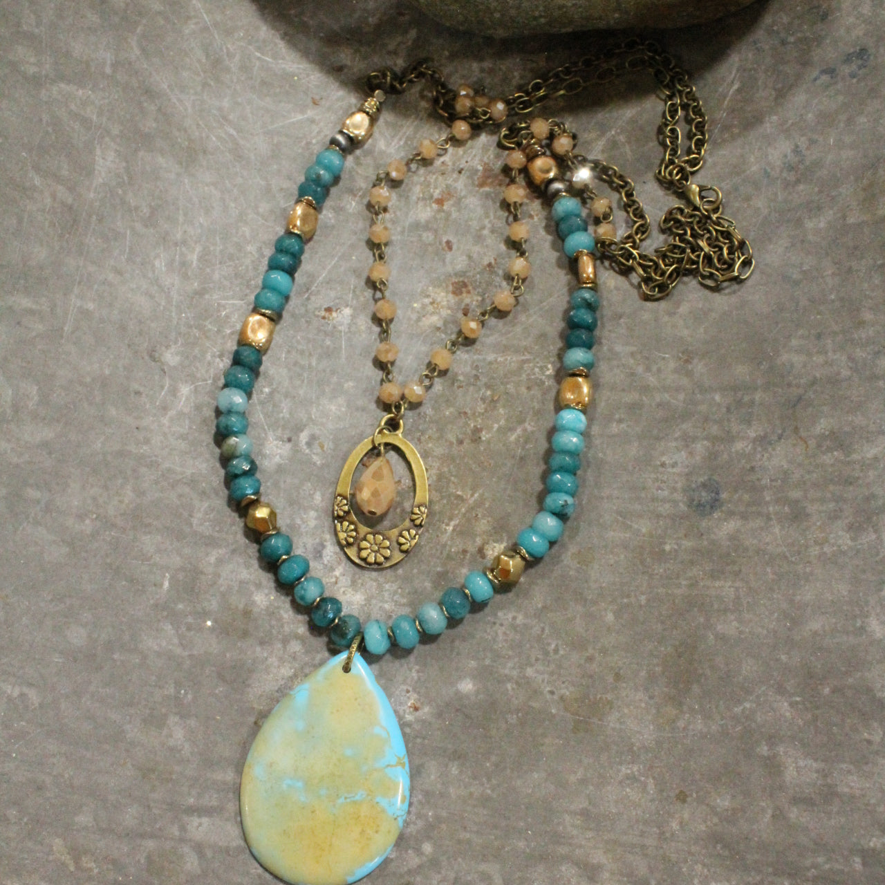 Layers Of Teal & Teardrop Stone Pendant Necklace