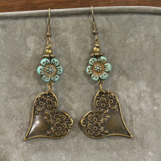 Czech & Bronze Mint Heart Charm Dangle Earrings